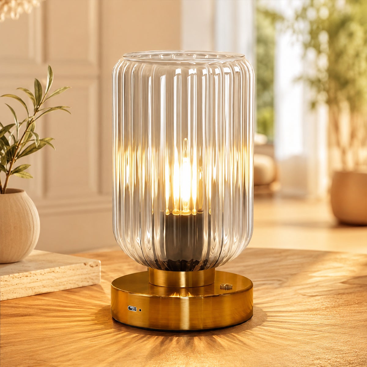Lampka stołowa bezprzewodowa ładowalna, lampka nocna dotykowa ściemniana 7500 mAh, klosz z przezroczystego szkła ryflowanego, E27 3 W, złota podstawa