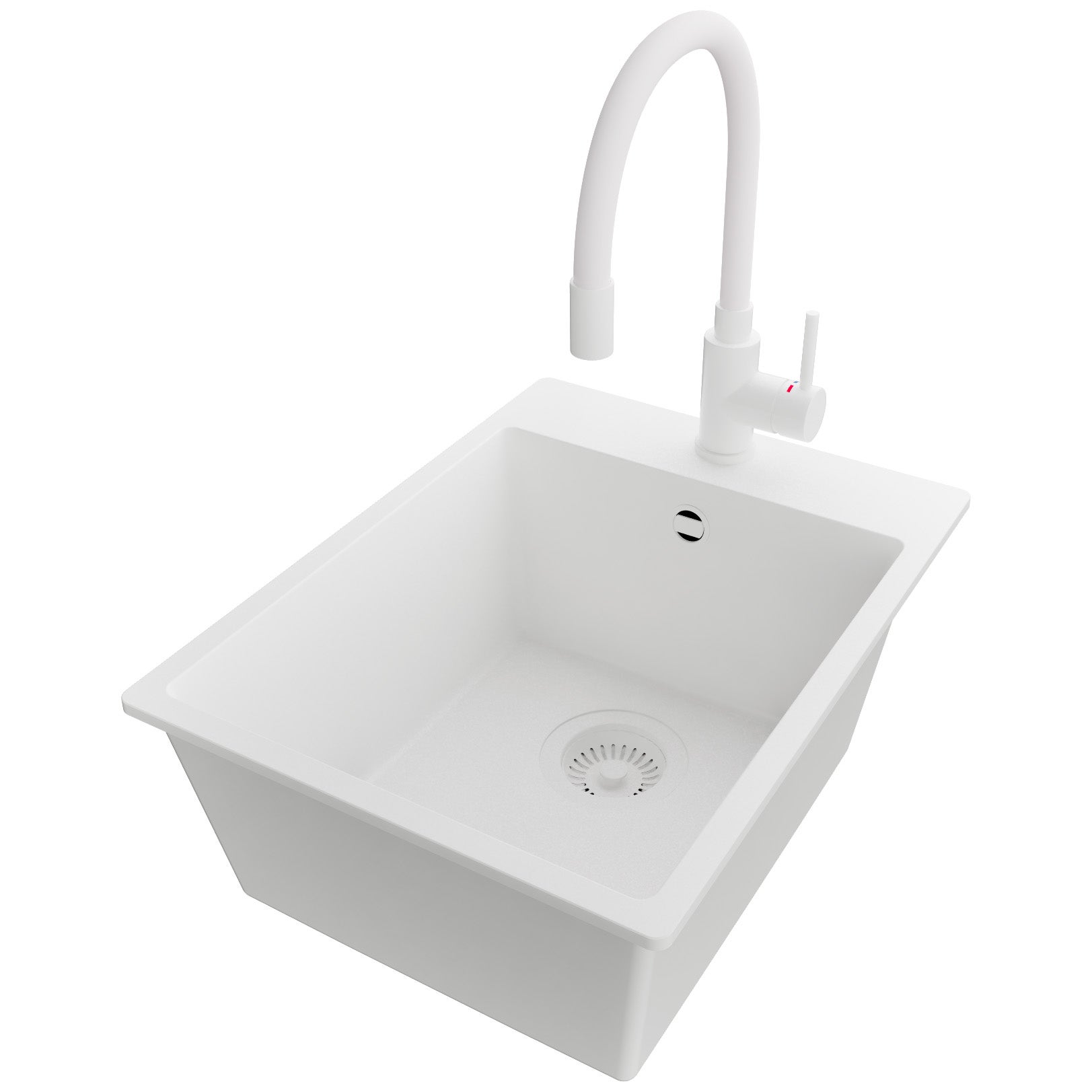 Zlewozmywak Granitowy Cały Biały 38x50cm, Zlew Kuchenny 1 Komorowy + Bateria 38x14cm + Syfon, Nablatowy do szafki od 40cm - Ryga PRIMAGRAN