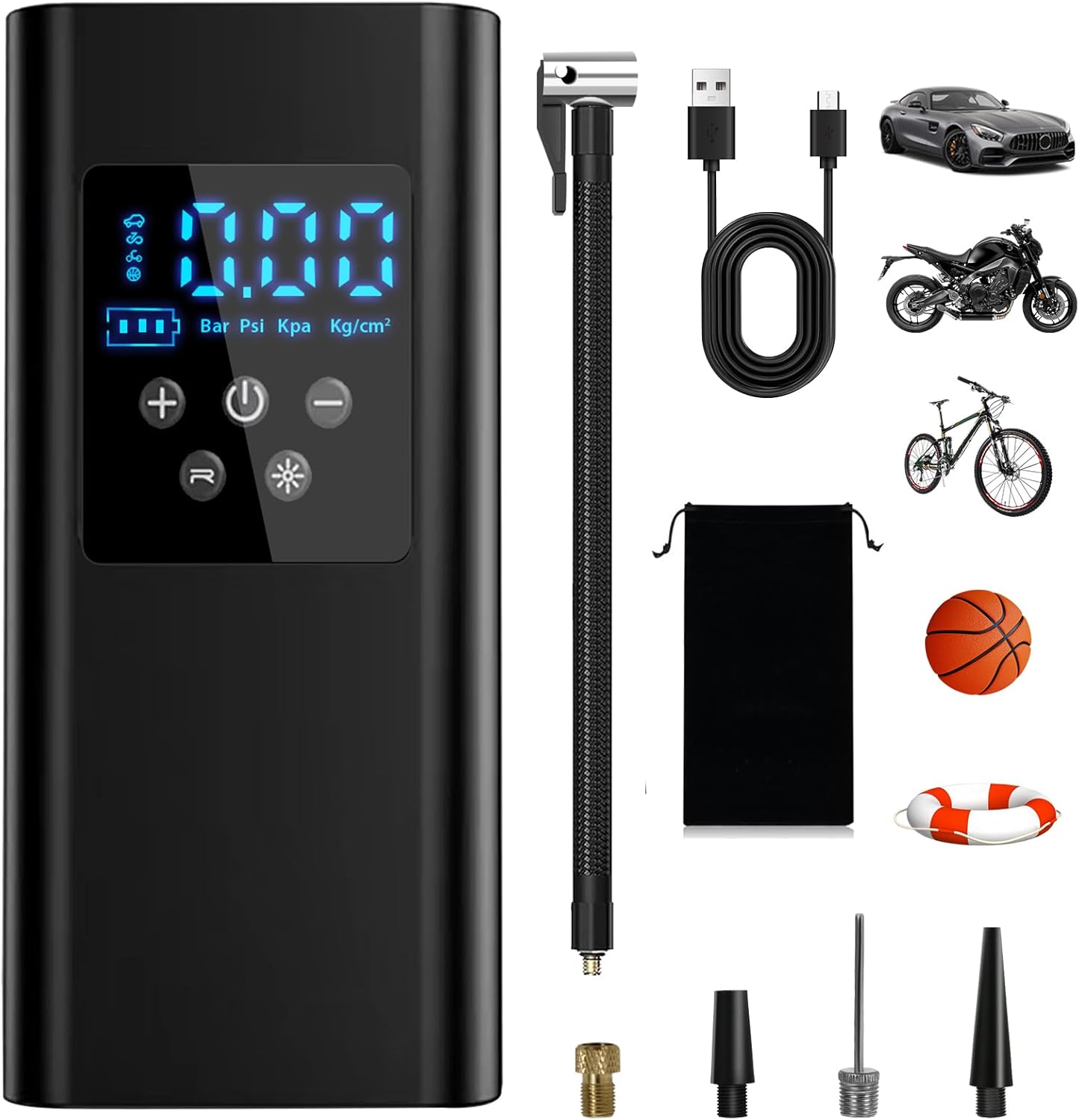 Kompresor powietrza do opon samochodowych 150 PSI, 6000 mAh, przenośny, z 4 dyszami i światłem LED do samochodu, motocykla, roweru i piłki