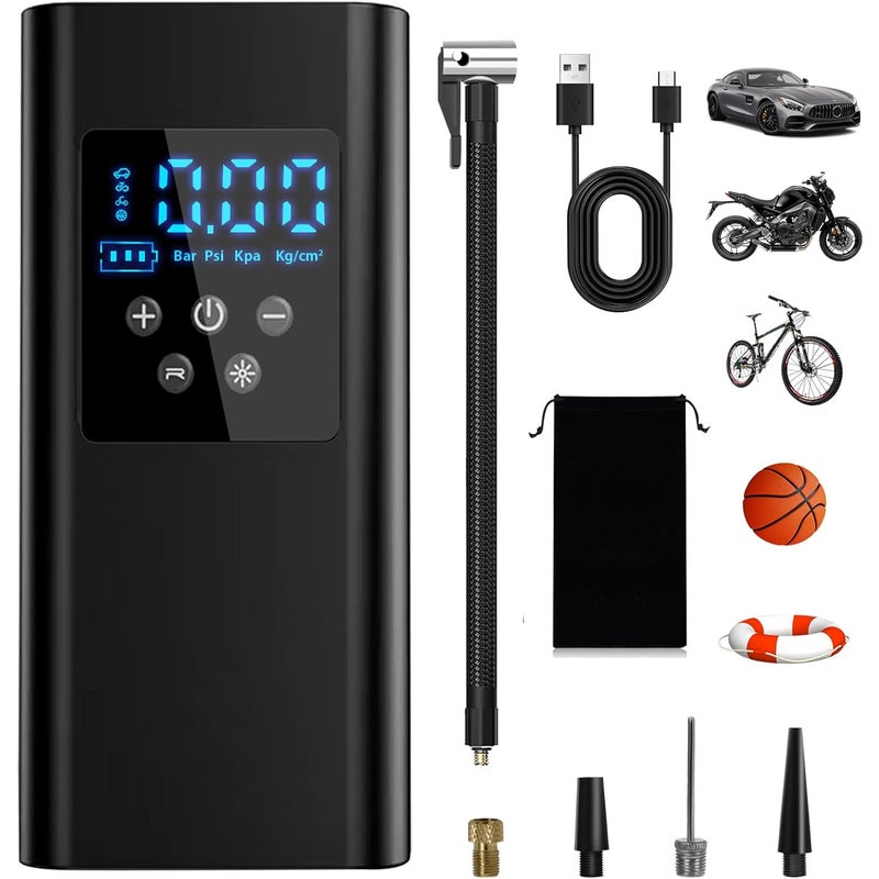 Kompresor powietrza do opon samochodowych 150 PSI, 6000 mAh, przenośny, z 4 dyszami i światłem LED do samochodu, motocykla, roweru i piłki
