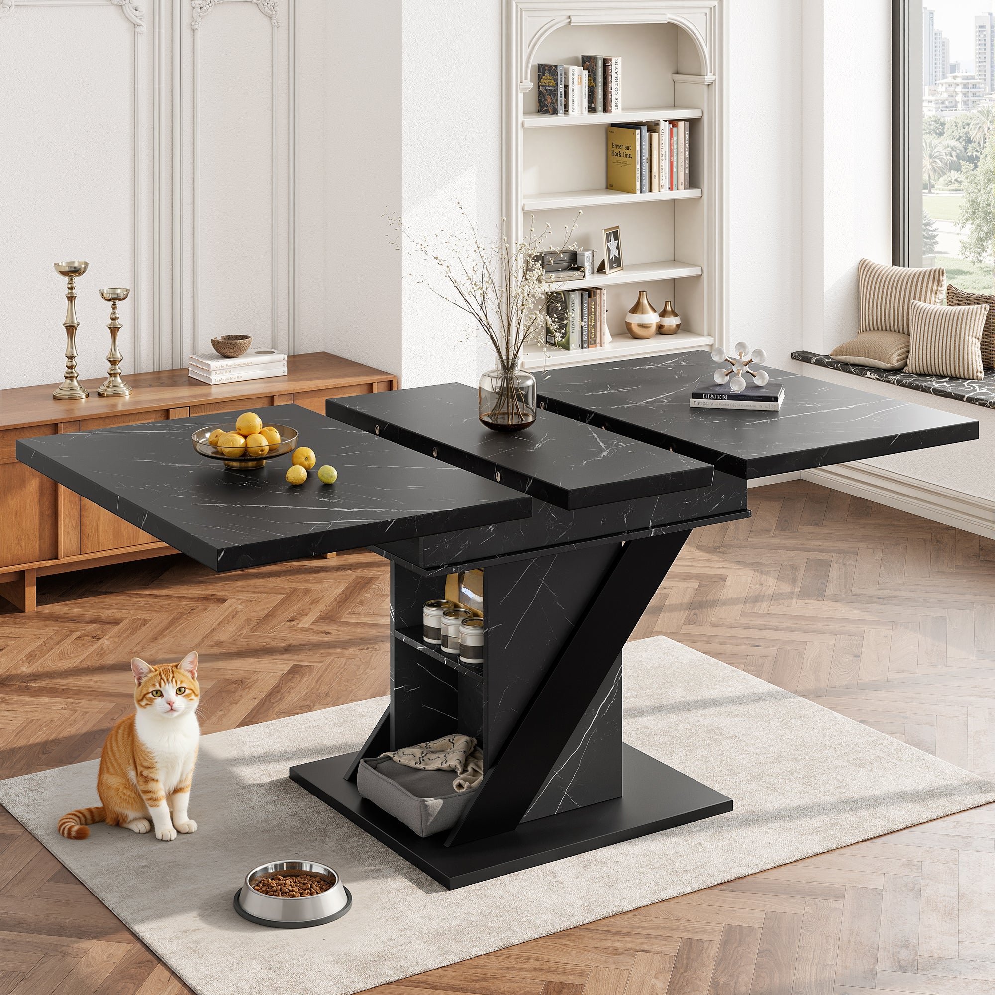 Rozkładany stół jadalny 110/140 x 80 x 75 cm - 6 miejsc - Regulowane nogi - Płyta MDF + metal - Efekt marmuru - Czarny