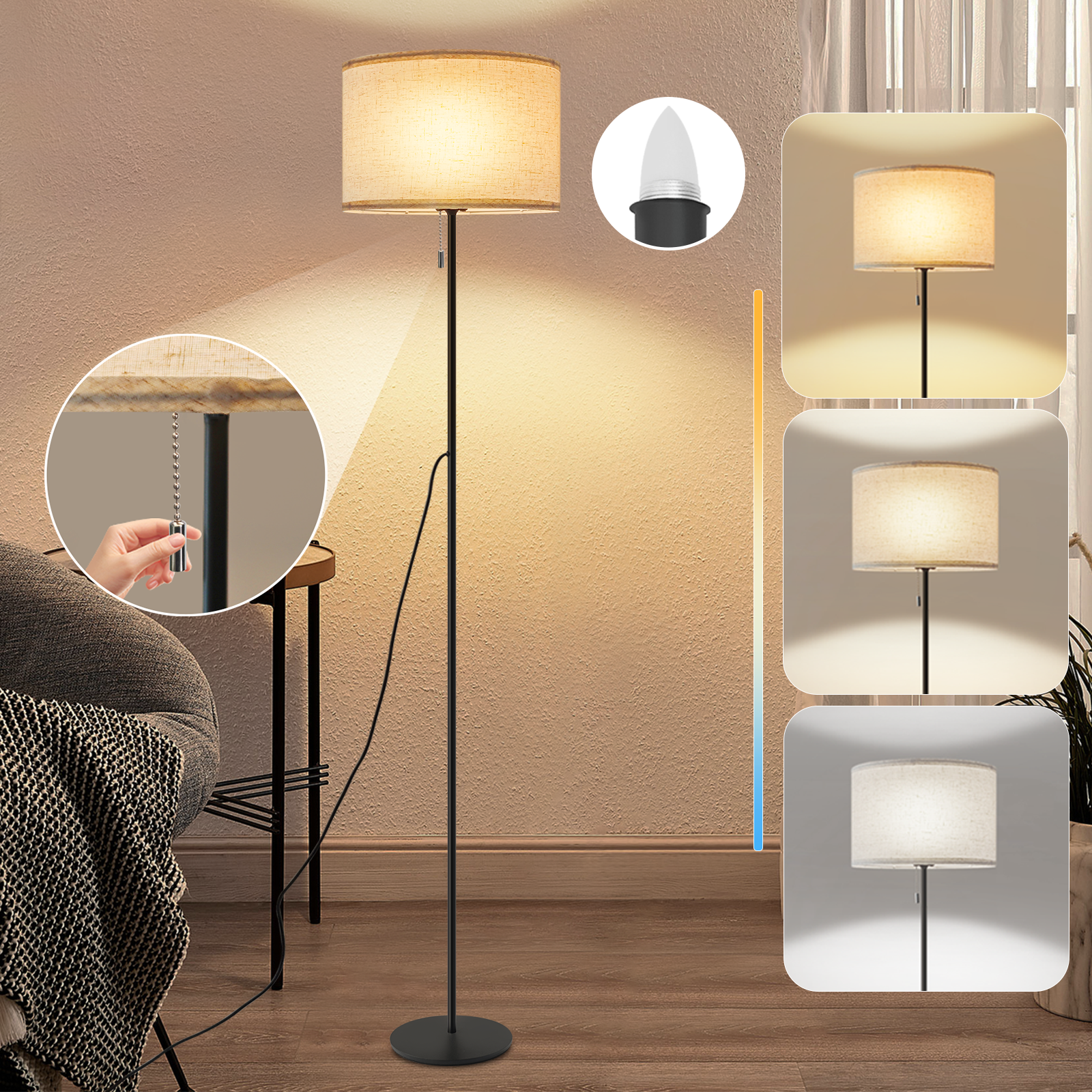 NETTLIFE Retro ściemnialna lampa podłogowa LED z abażurem z tkaniny do salonu i włącznikiem łańcuszkowym