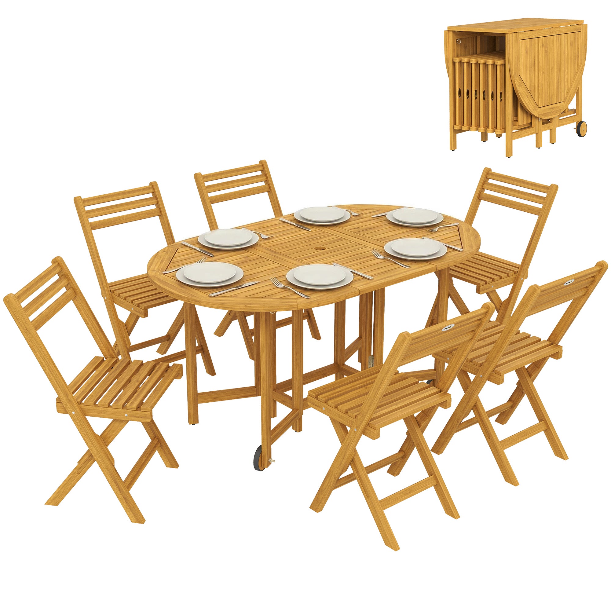 Ogród meble zestaw FSC drewno 7-element siedzenie Group Extendable stół z 6 składany krzesła Parasol Hole Slat Design
