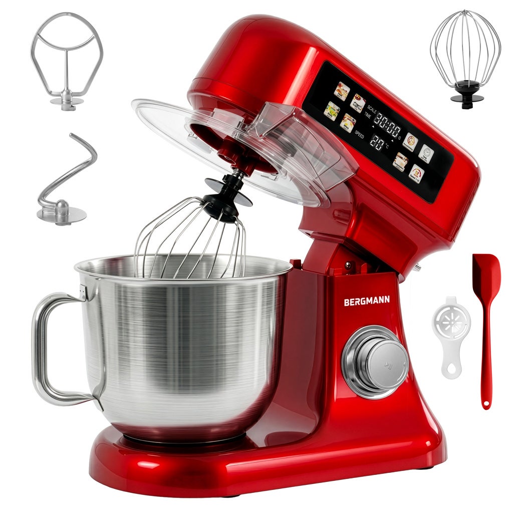 Robot kuchenny planetarny BERGMANN TC001 3500W 12 prędkości mikser z wagą podgrzewana misa 6l panel LED red metalic