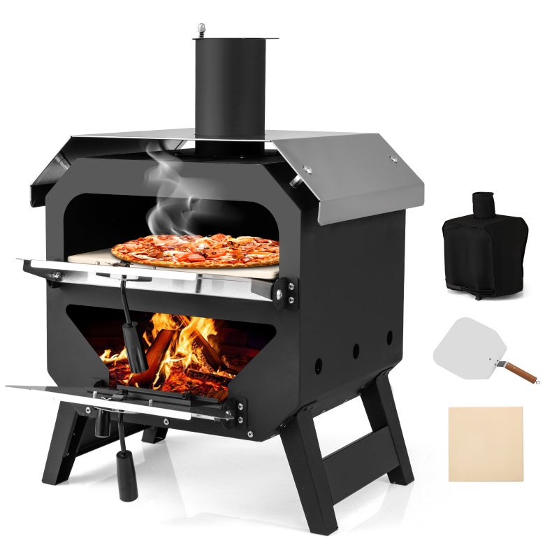 Przenośny piec do pizzy na drewno z pokrowcem ochronnym, piec do pizzy na różne rodzaje paliwa, dach ze stali nierdzewnej, łopatka do pizzy