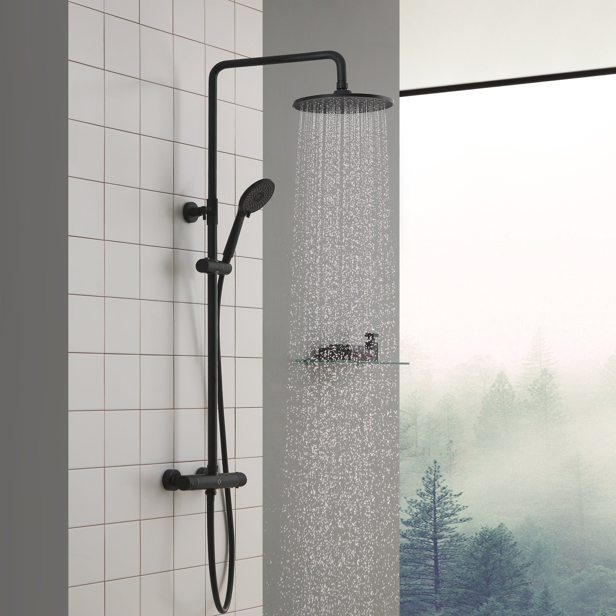 Kolumny prysznicowe termostatyczne, głowica prysznicowa 230 mm, 2-strumieniowa słuchawka prysznicowa, kolor czarny, model EU, Cecipa max