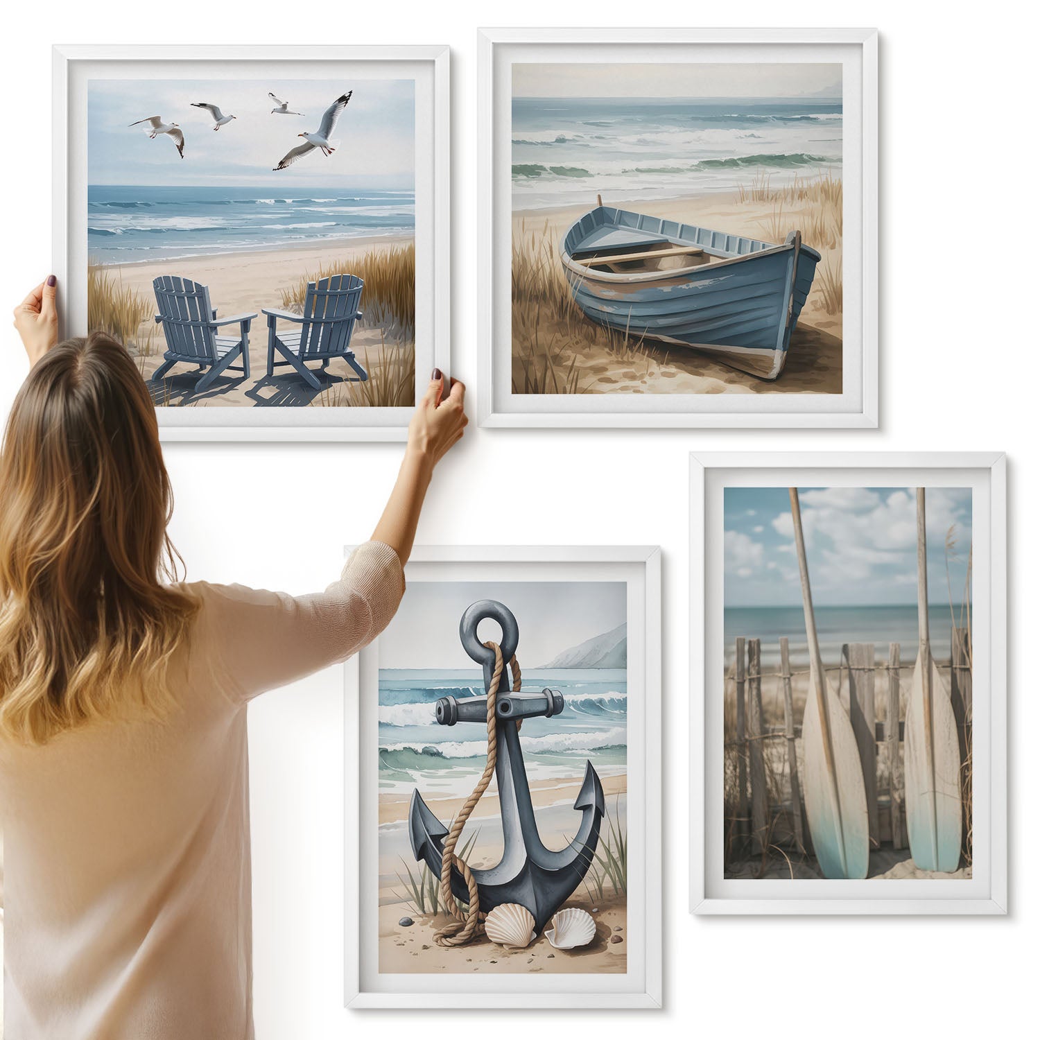 Galeria ścienna 4-częściowy komplet obrazów w białych ramach - Kotwica łódka i wiosła na plaży z morzem - ArtPrintCave