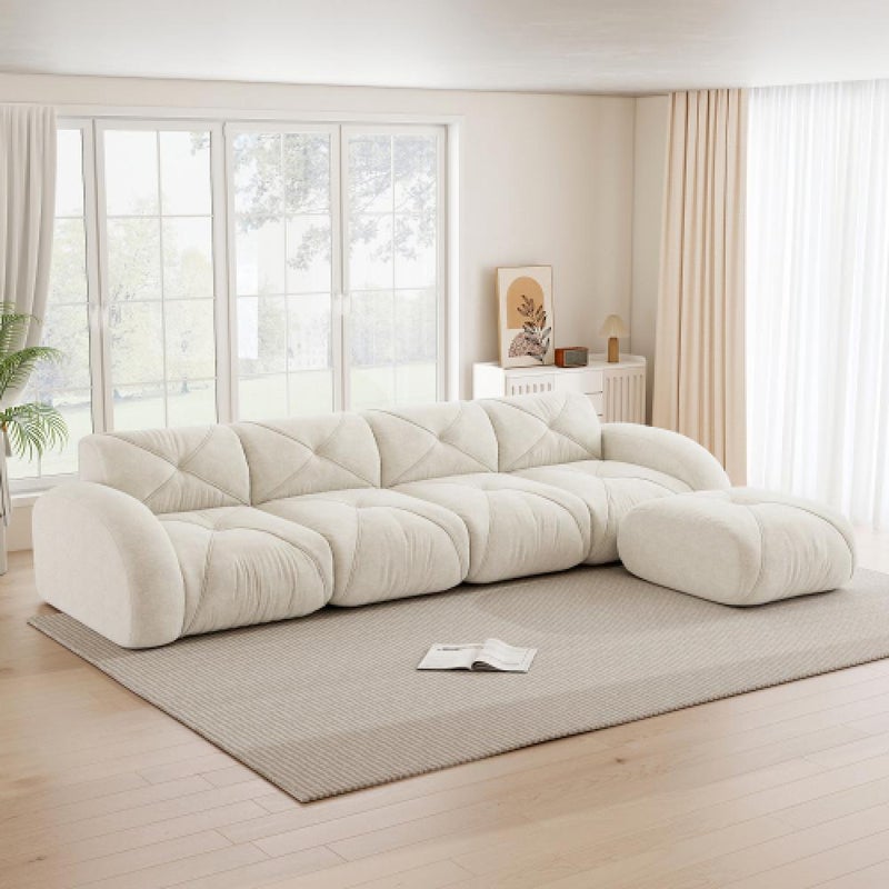 Sofa bezramowa, modułowa sofa 4-osobowa, pianka 32D o wysokiej gęstości, wygodna tkanina szenilowa, konstrukcja antypoślizgowa, nie wymaga montażu.