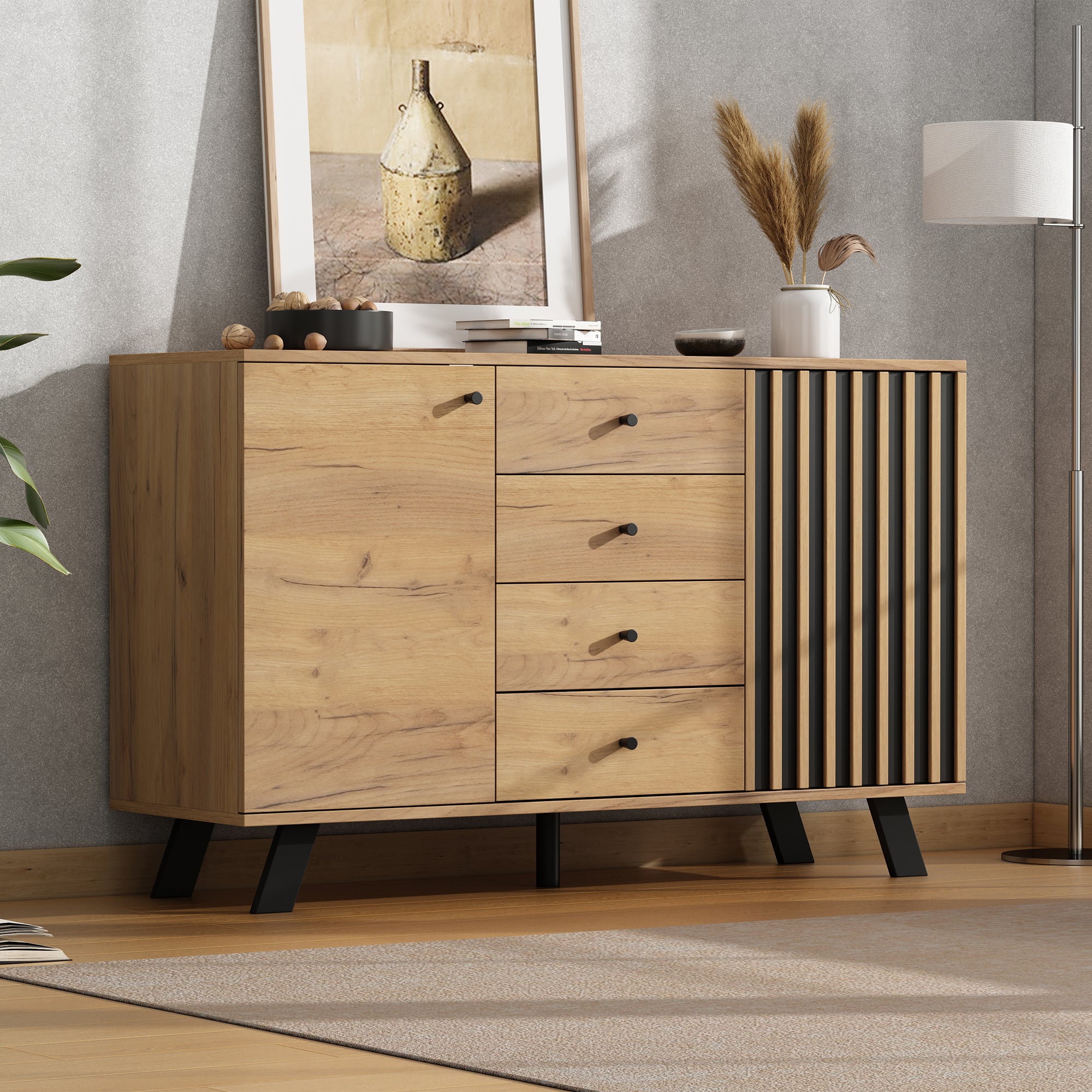 Komoda 120x38x75cm - 4 szuflady i 2 drzwi - z 5 nogami z litego drewna - MDF - naturalny