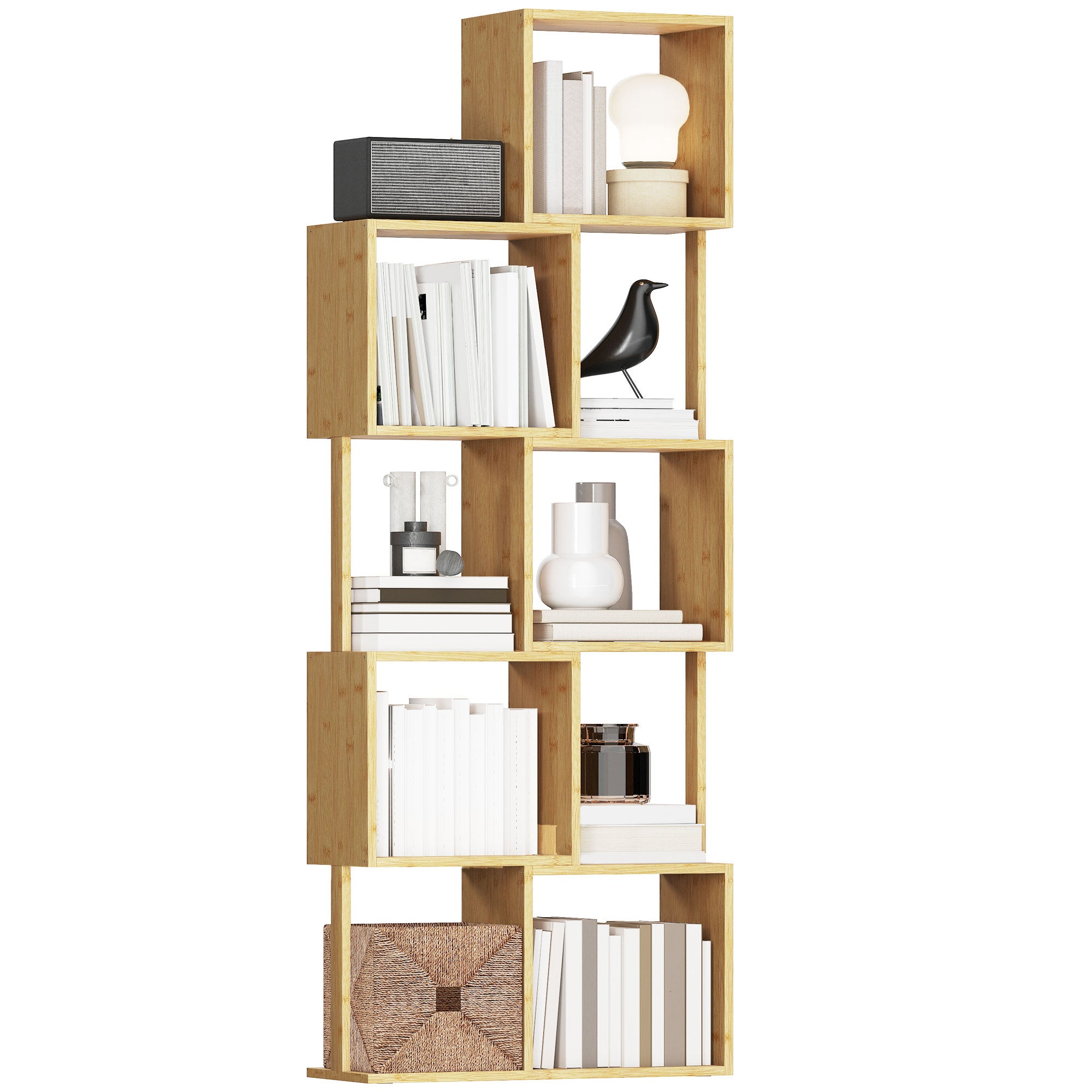 Regał Bambusowy Asymetryczny 5 Poziomów, Nowoczesna Biblioteczka Drewno Naturalne do Salonu, 62.5 x 23 x 165 cm