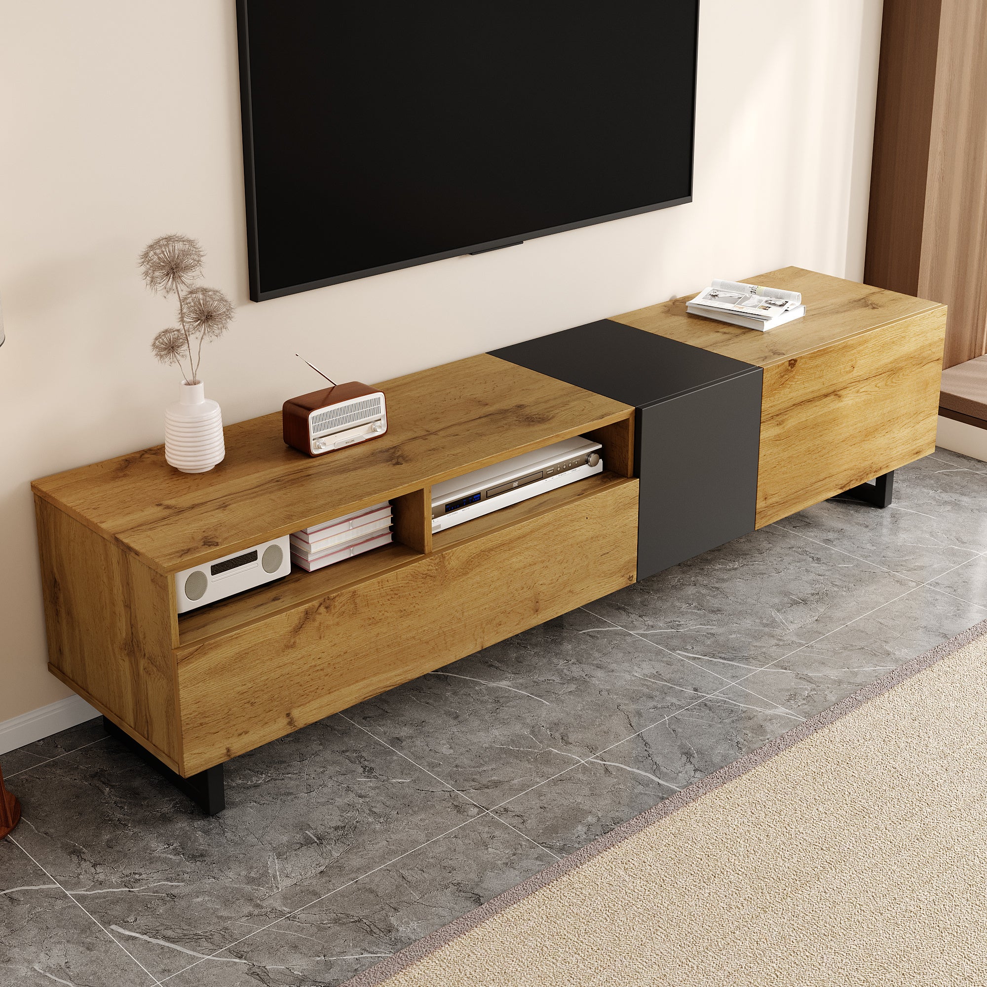 Szafka RTV z 3 drzwiami i 2 przegrodami - 170 x 36,5 x 42 cm - Płyta wiórowa i metalowe nogi w kształcie litery U - Kolor naturalny + szary