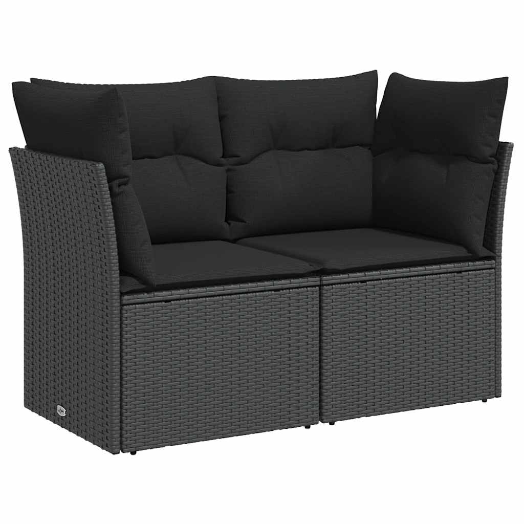 Sofa Ogrodowa 2-Osobowa Czarna z Polirattanu z Czarnymi Poduszkami