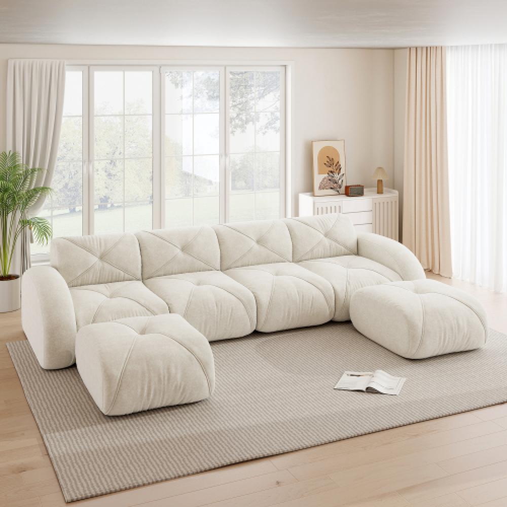Sofa bezramowa, modułowa sofa 4-osobowa, pianka 32D o wysokiej gęstości, wygodna tkanina szenilowa, konstrukcja antypoślizgowa, nie wymaga montażu.