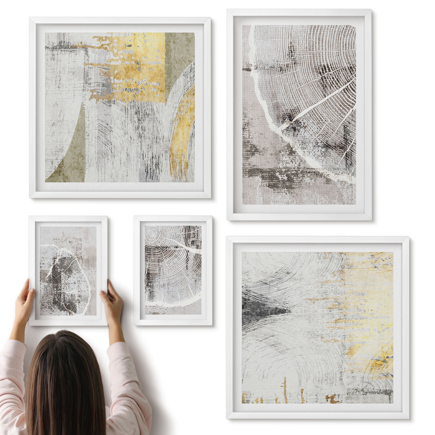Galeria ścienna 5-częściowy komplet obrazów w białych ramach - Abstrakcyjne wzory i tekstury w odcieniach neutralnych - ArtPrintCave