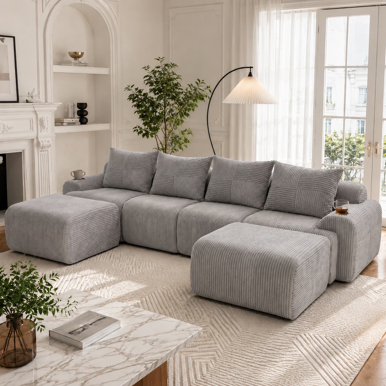Sofa 333 x 174 x 80cm, welur, do salonu, do codziennego użytkowania, funkcjonalny element wyposażenia