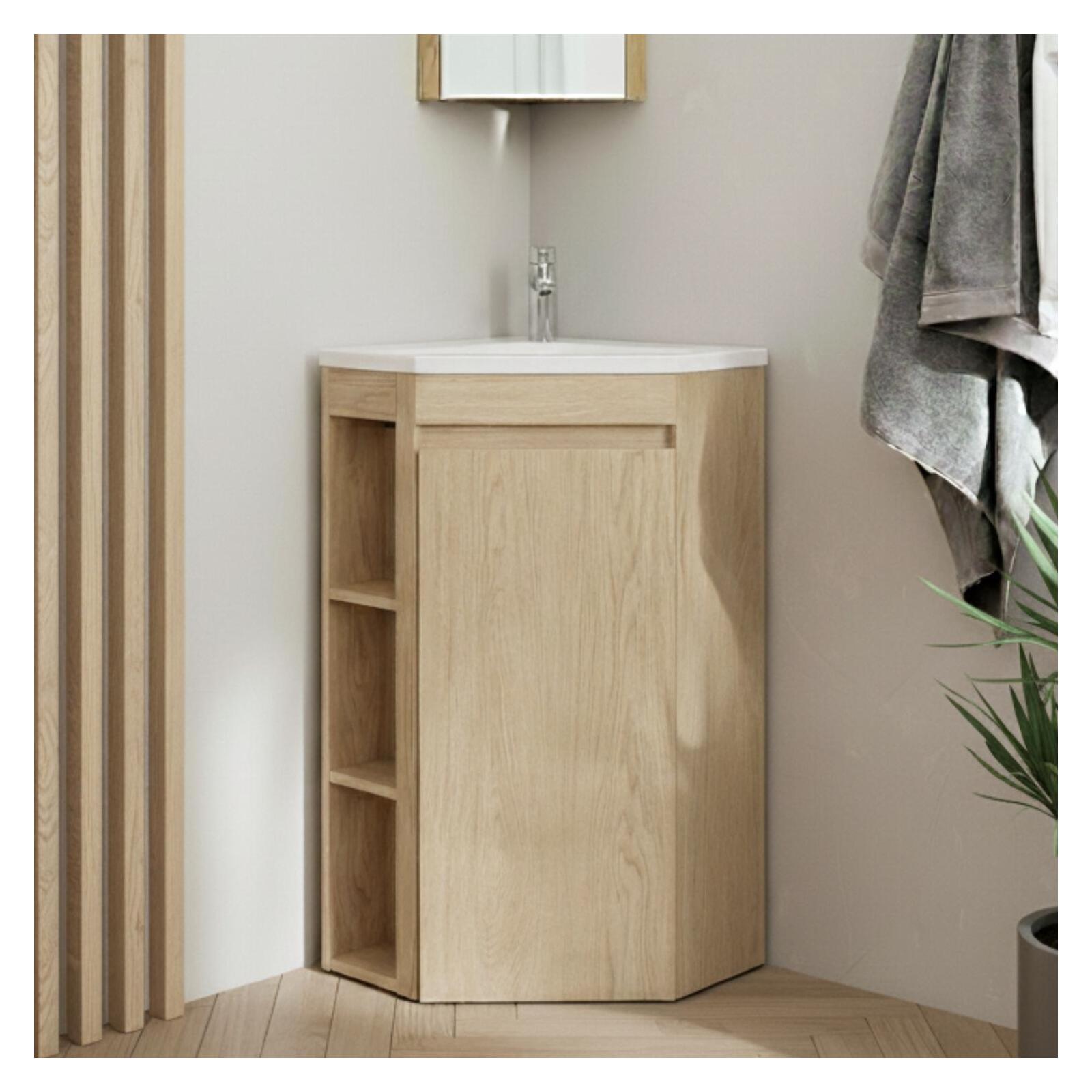 Narożna szafka pod umywalkę na nogach z umywalką i baterią SORRENTO