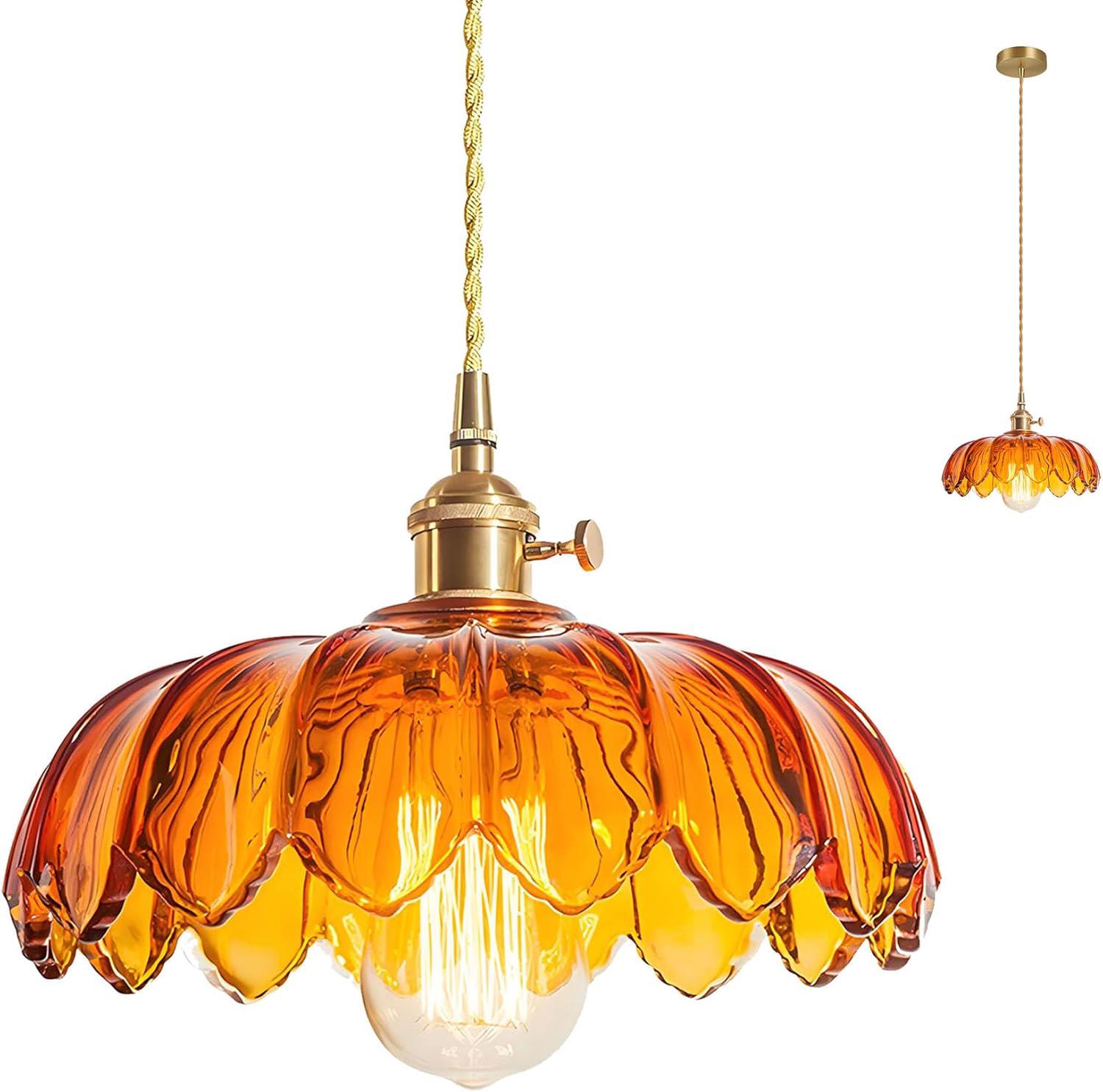Klosz do lampy wiszącej Lotus Glass, industrialna lampa sufitowa E27 z mosiądzu w stylu vintage, regulowana wysokość (bursztynowa)