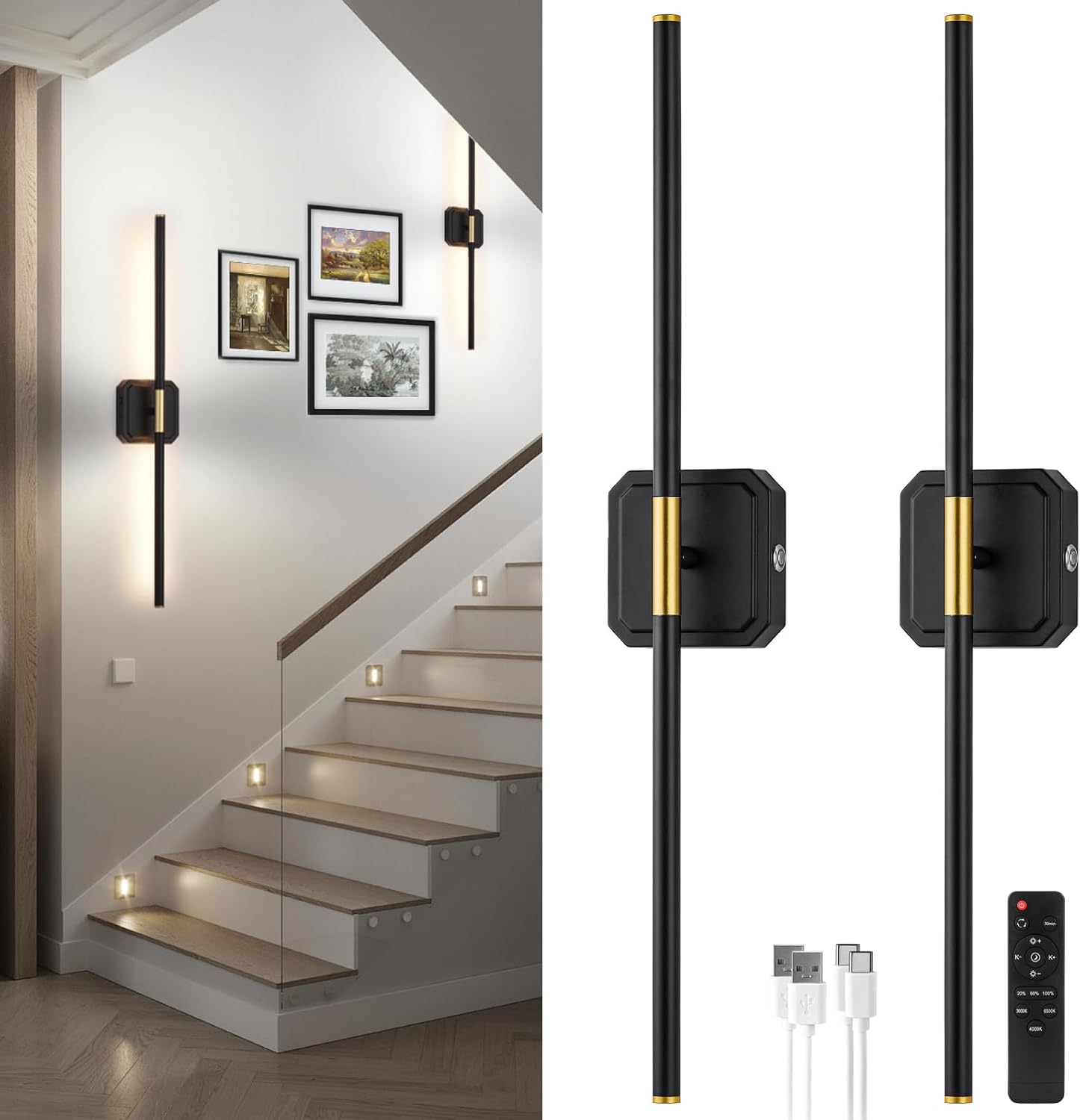 Zestaw nowoczesnych lamp ściennych zasilanych bateriami (2 sztuki), lampa ścienna z akumulatorem 10000mAh, z pilotem (3000K-6500K).