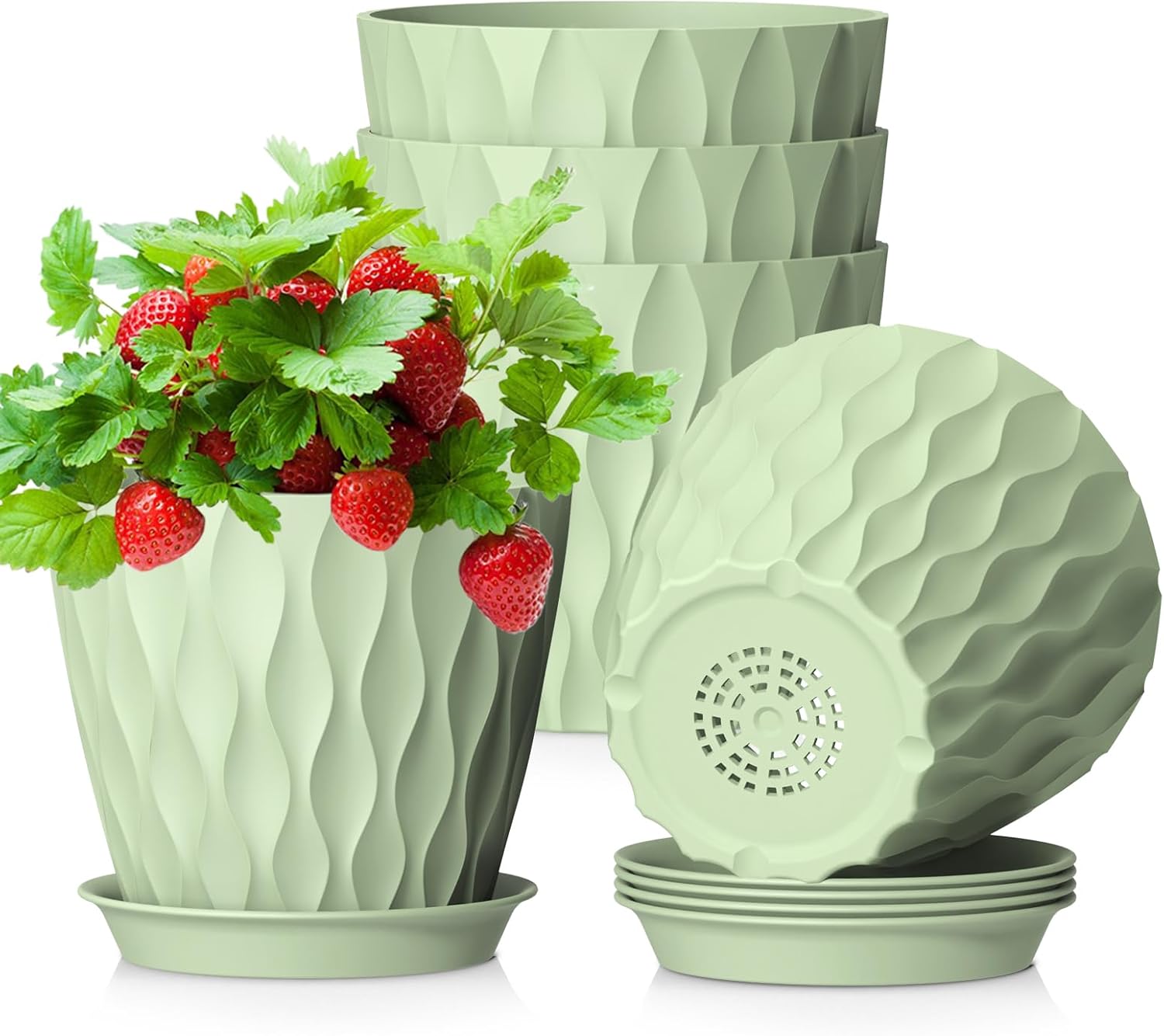 Doniczka do kwiatów doniczkowych (12,7 cm), zestaw 5 plastikowych doniczek z drenażem i podstawkami, nowoczesny, falisty wzór 3D, doniczka na sadzonk