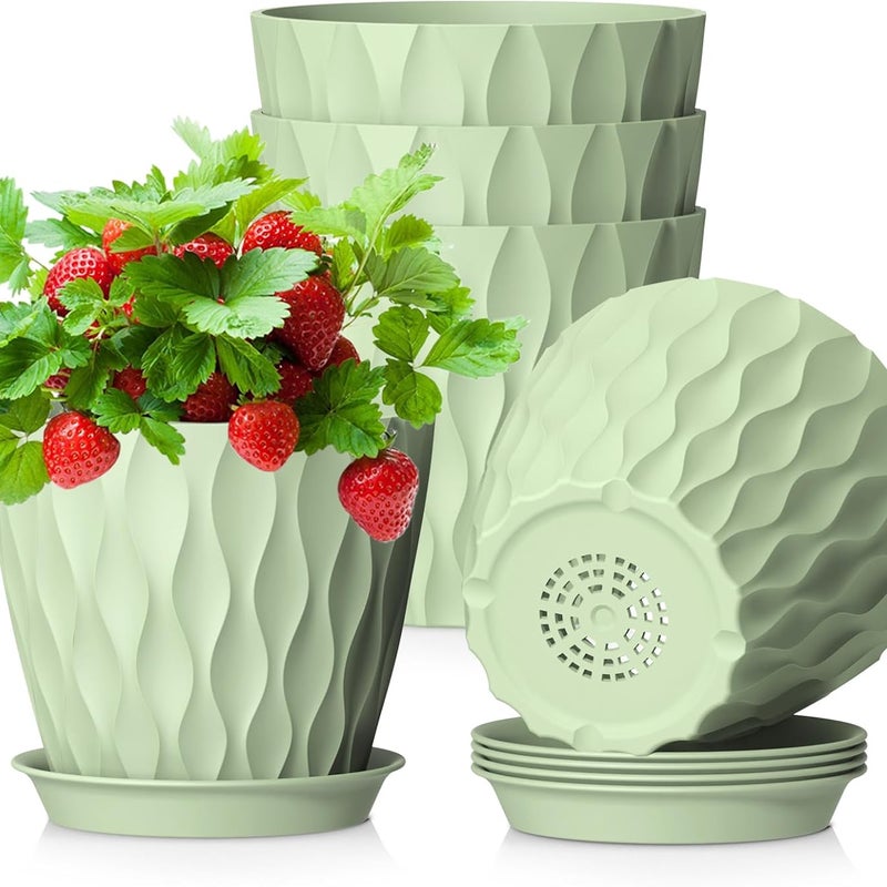 Doniczka do kwiatów doniczkowych (12,7 cm), zestaw 5 plastikowych doniczek z drenażem i podstawkami, nowoczesny, falisty wzór 3D, doniczka na sadzonk
