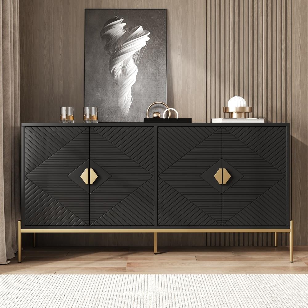 Nowoczesna komoda z 4 drzwiami 162x40x80cm z metalowymi nóżkami w kolorze złotym–komoda o geometrycznym designie i dużą przestrzenią do przechowywania