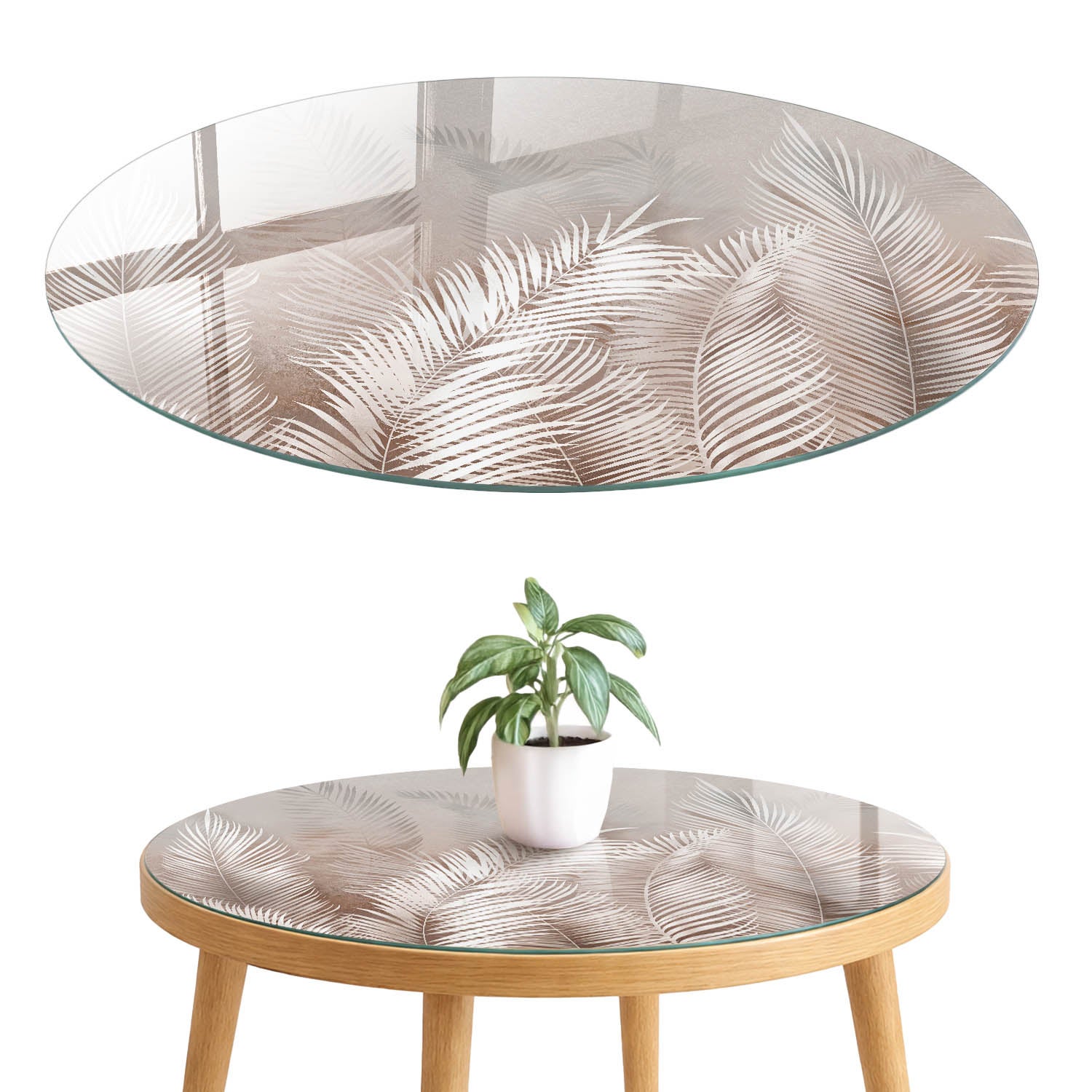 Szkło hartowane 4 mm z grafiką na blat - ozdoba mebli, ochrona i nowy wygląd fi90 cm Eleganckie liście