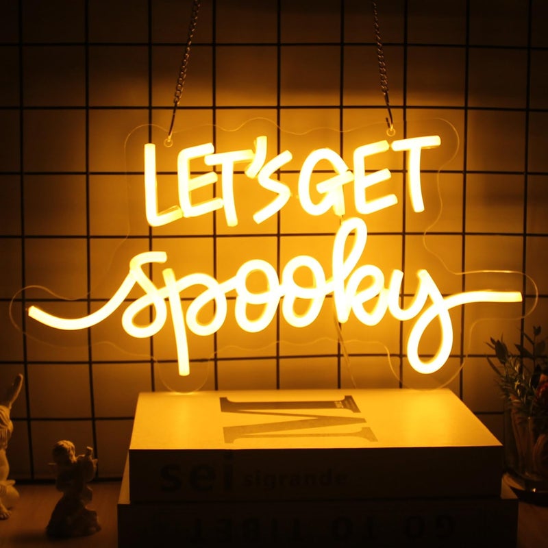 Neony "Let's Get Spooky", neony na Halloween, żółte litery, przerażające neony na ściany, sypialnie, bary, dekoracje imprezowe