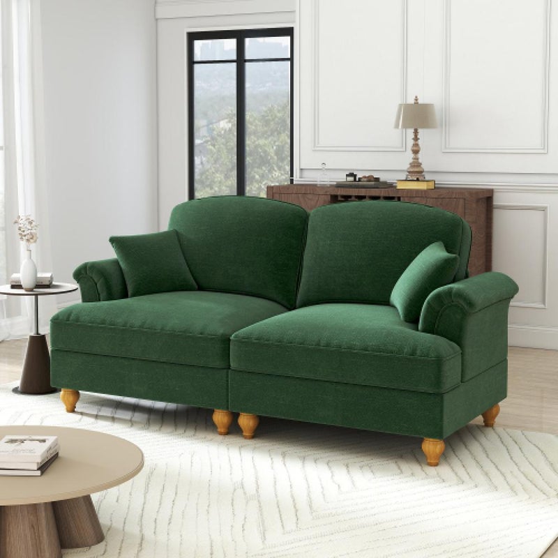 Elegancka, dwuosobowa sofa w stylu średniowieczno-nowoczesnym, z rozszerzanymi podłokietnikami, zdejmowanym błotnikiem