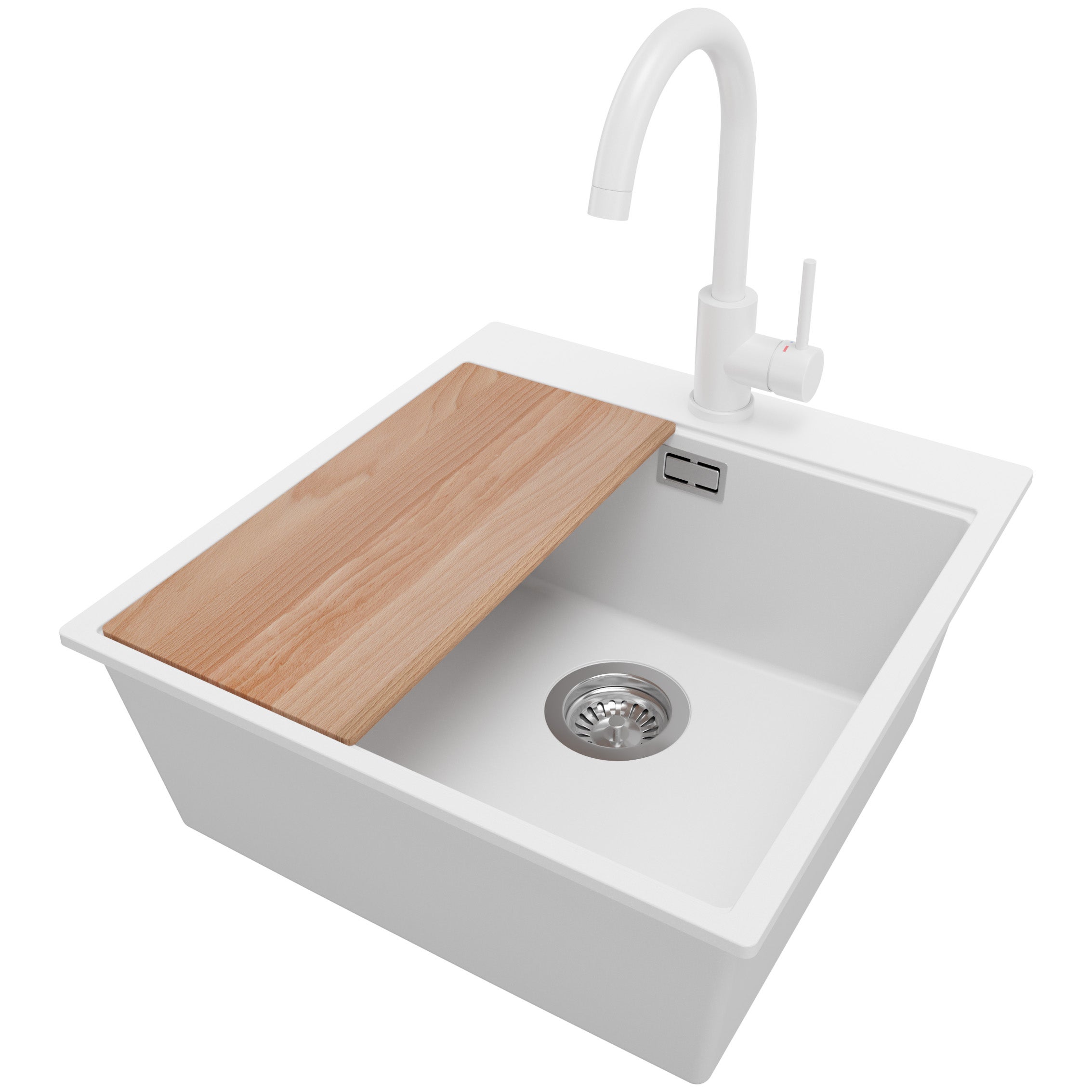 Zlewozmywak Granitowy Biały 48x50cm, Zlew Kuchenny 1 Komorowy + Bateria 32x20cm + Syfon + Deska, Nablatowy do szafki od 50cm - Oslo PRIMAGRAN