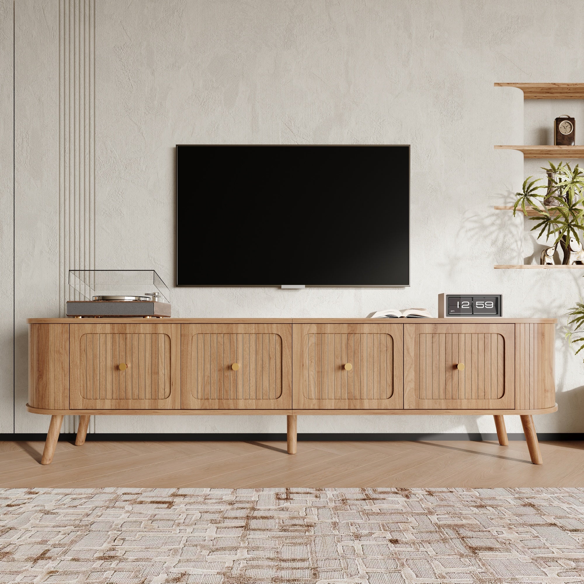 Nowoczesna szafka RTV z 4 opuszczanymi drzwiami - Płyta wiórowa + MDF - Nogi drewniane - 180 x 38 x 47 cm - Dąb