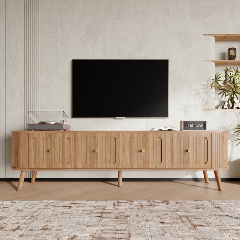 Nowoczesna szafka RTV z 4 opuszczanymi drzwiami - Płyta wiórowa + MDF - Nogi drewniane - 180 x 38 x 47 cm - Dąb