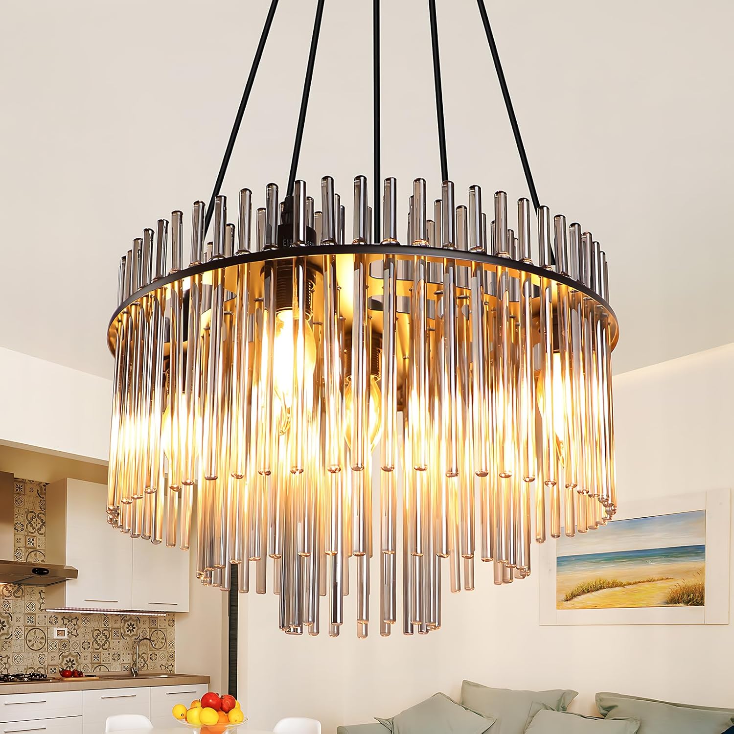 Lampa wisząca Nettlife Vintage Black, 5 szklanych żarówek, gniazdo E14, Ø 40 cm, do stołu, salonu, barku (bez żarówek).