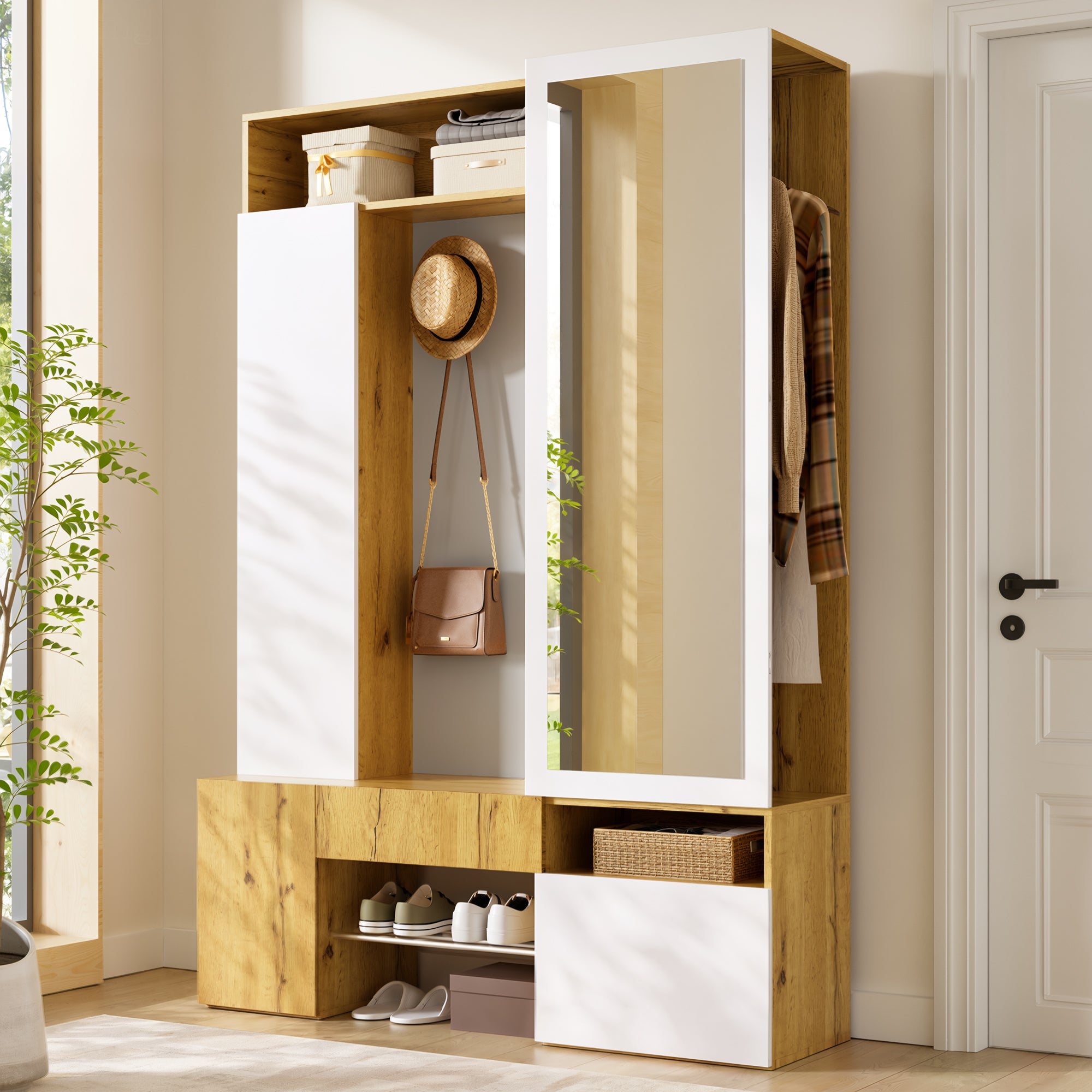 Szafka na buty z lustrem, drążkiem na wieszaki, haczykami, 1 szufladą i 3 drzwiami - MDF - 127 x 35 x 180,5 cm - Kolor biały i naturalne drewno