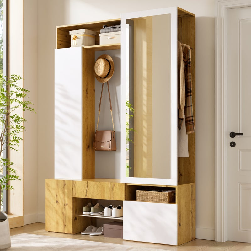 Szafka na buty z lustrem, drążkiem na wieszaki, haczykami, 1 szufladą i 3 drzwiami - MDF - 127 x 35 x 180,5 cm - Kolor biały i naturalne drewno