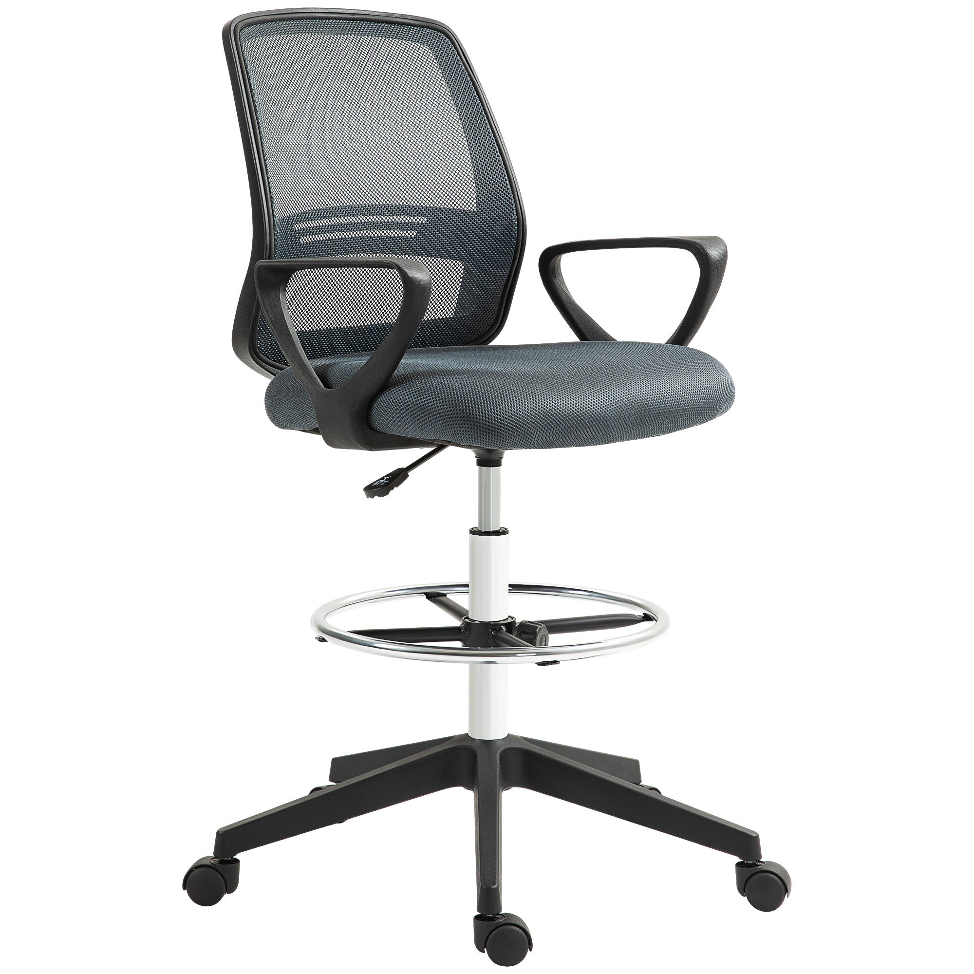 Ergonomiczny fotel biurowy z podłokietnikami i regulowanym podnóżkiem, tapicerka siatkowa, kolor szary