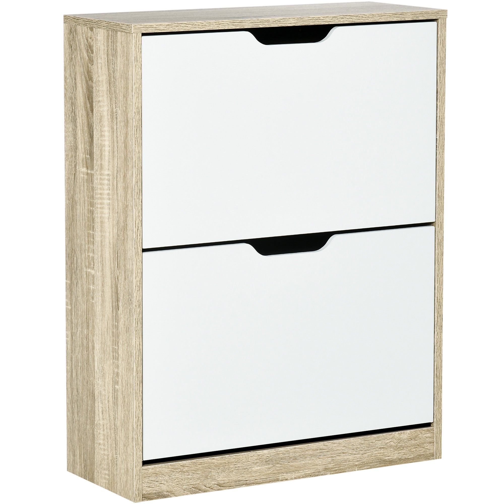 Oszczędzający miejsce, smukły stojak na buty z 2 szufladami na 8 par butów, 62,5 x 26 x 81 cm, drewno i biel