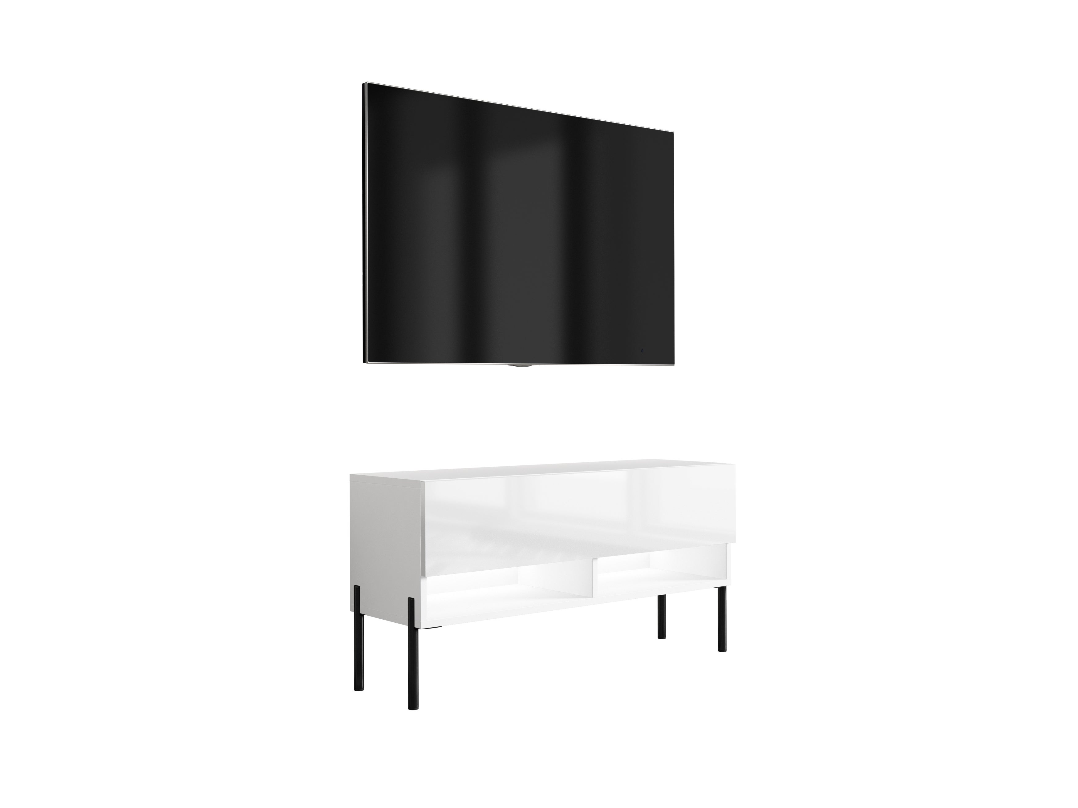 Szafka pod telewizor 100 cm Biały Mat / Biały Połysk, nóżki proste czarne, LED biały, 100 × 32 × 52 cm
