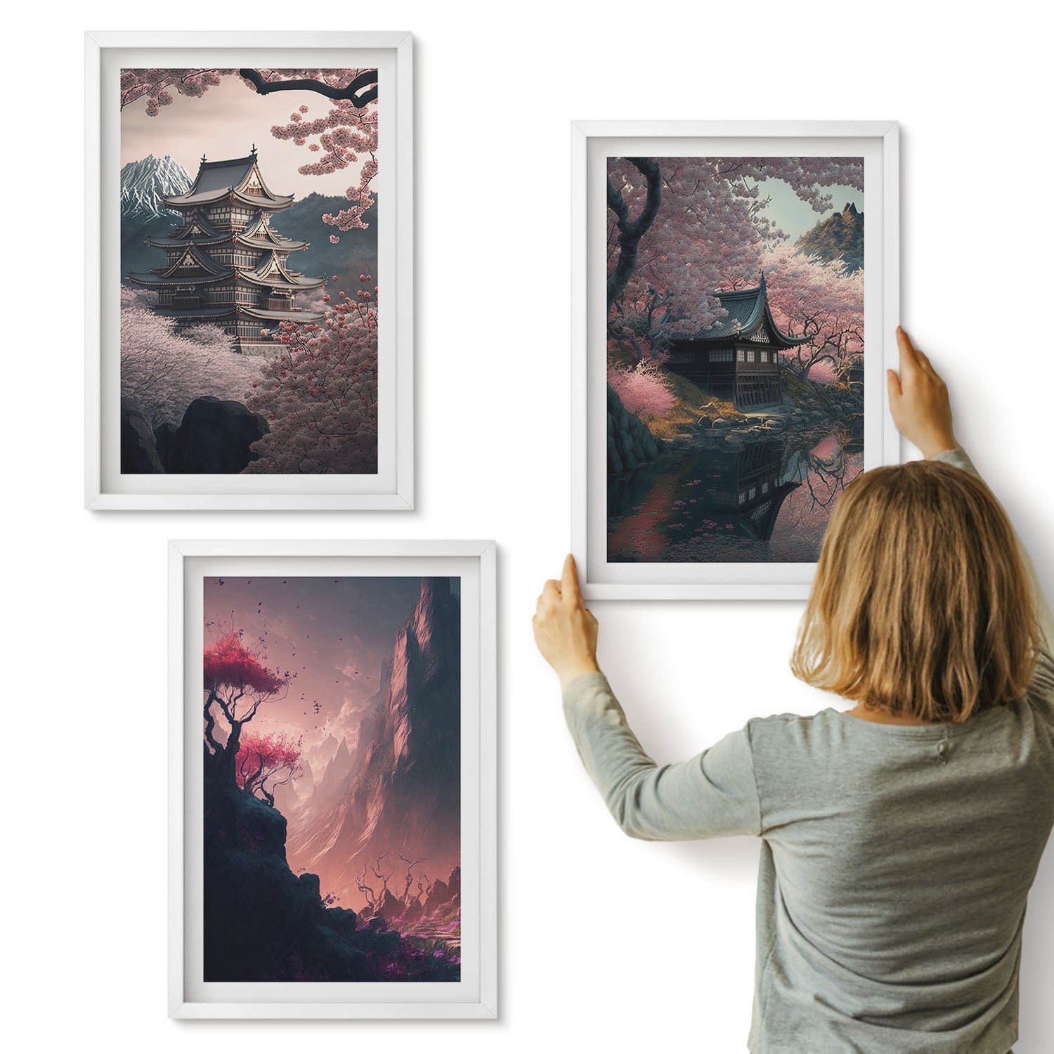 Galeria ścienna 3-częściowy komplet obrazów w białych ramach - Krajobrazy fantasy Japonii górskie pejzaże - ArtPrintCave