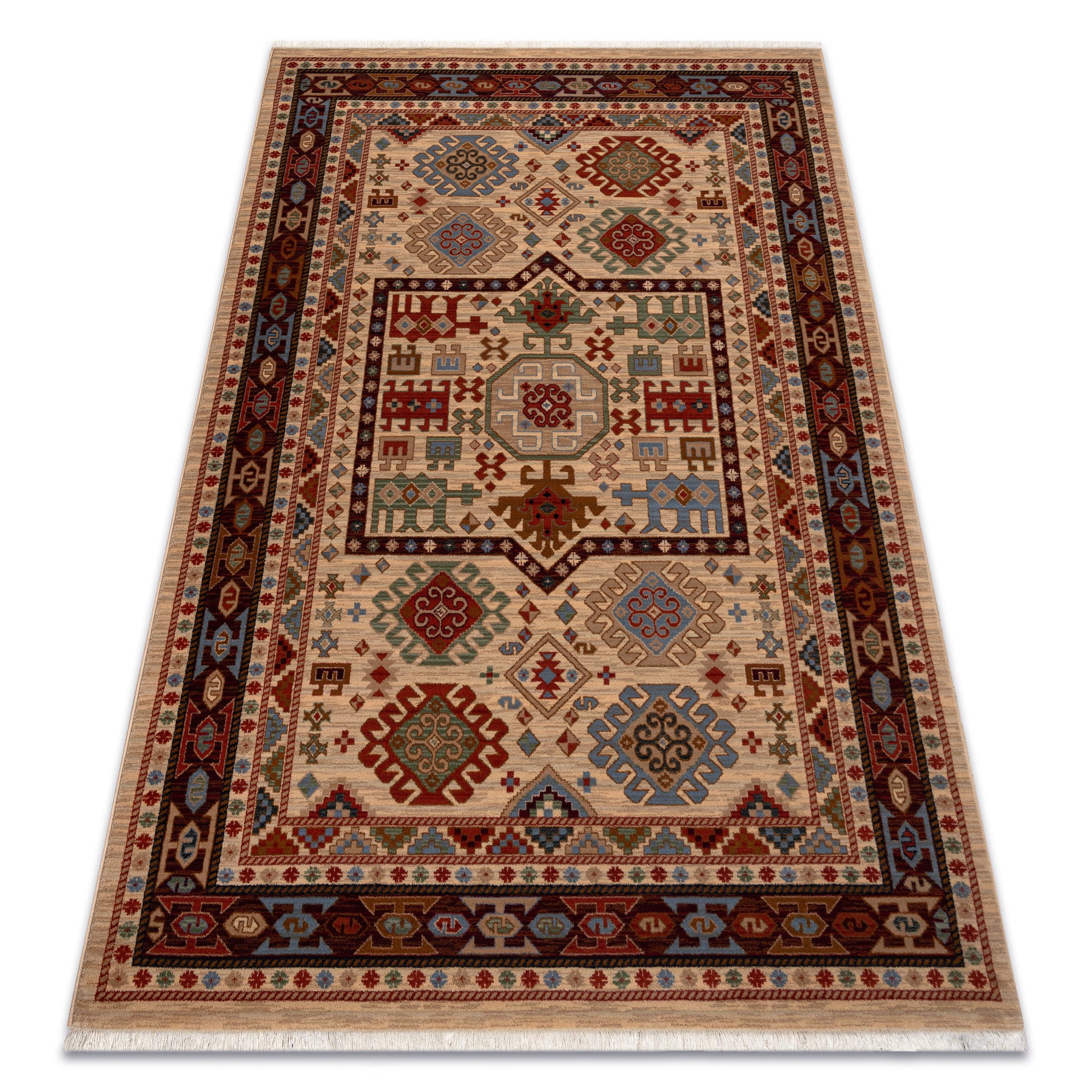 Dywan wełniany KESHAN Frędzle, Ornament orientalny 6668/53555 beż / bordo 80x145 cm