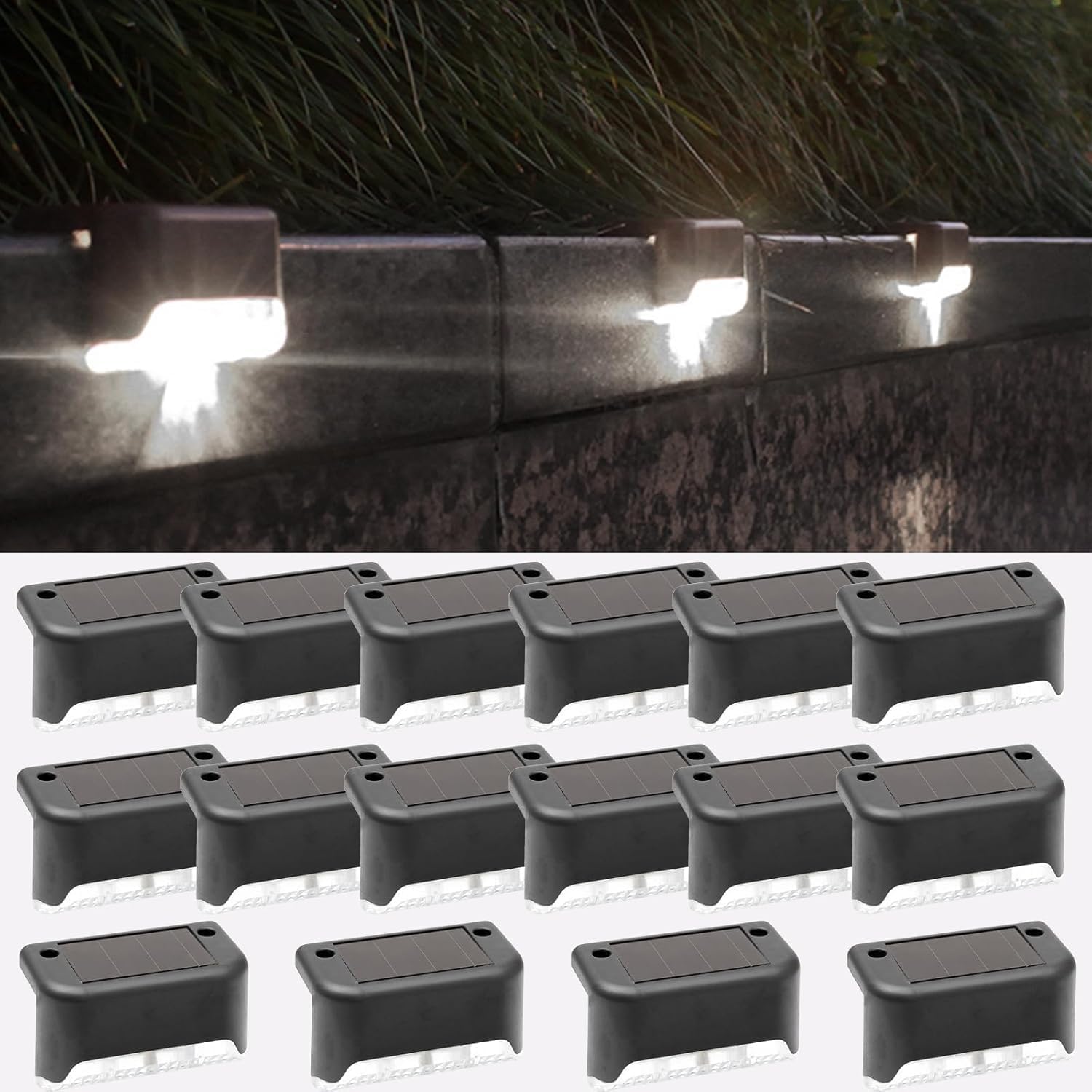 Zestaw 16 lamp solarnych do użytku zewnętrznego, oświetlenie schodów, wodoodporne diody LED (zimna biel)