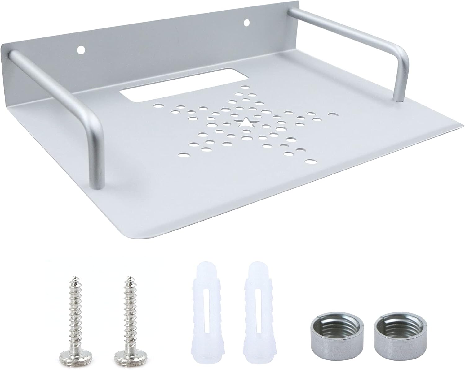 Uchwyt ścienny 23x16 cm do routera i wzmacniacza sygnału – srebrny aluminiowy stojak ścienny, poziomy montaż ścienny, wentylowany schowek ścienny