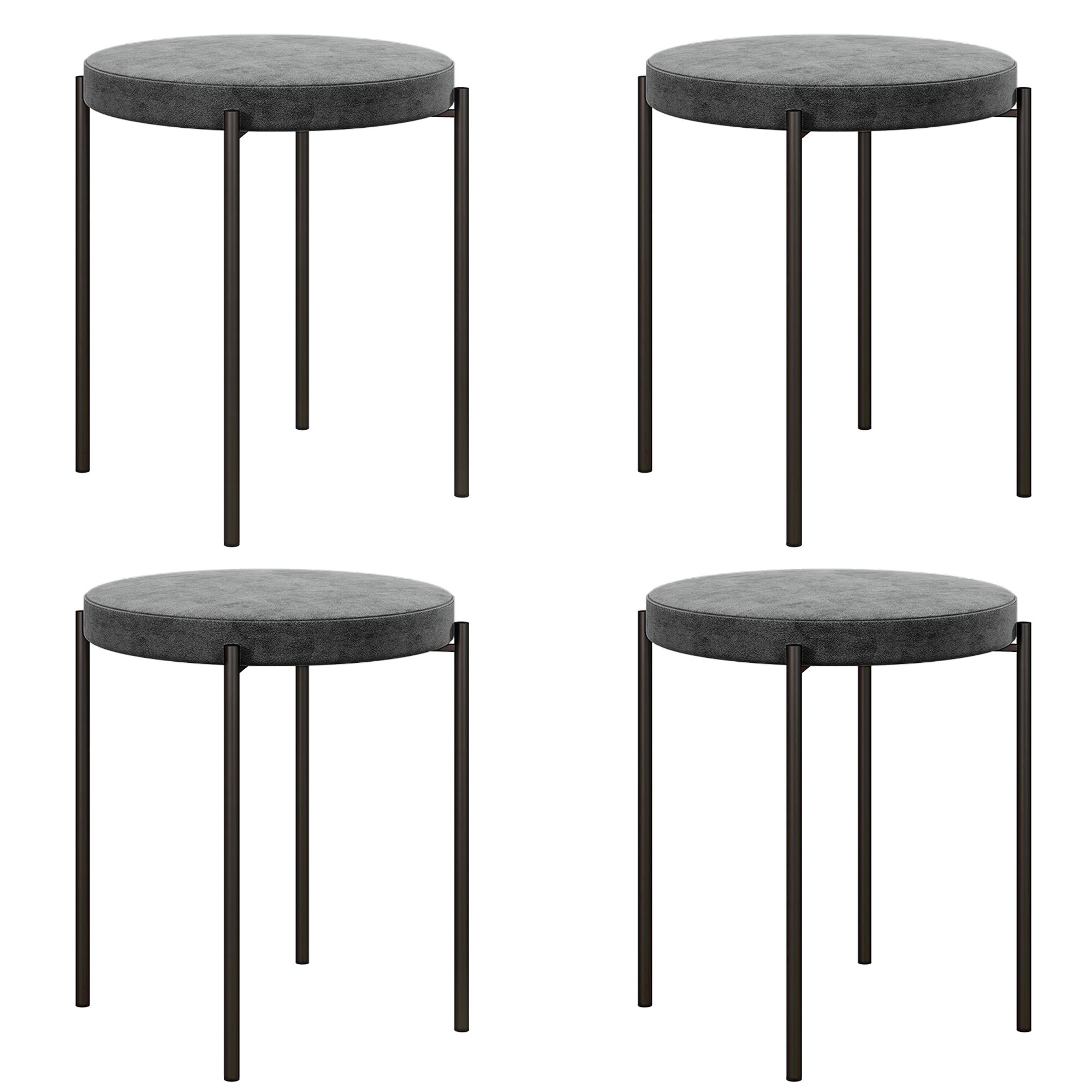 Hokery kuchenne, zestaw 4 szt., sztaplowane, welurowe, do 100 kg, rama stalowa, 41,5 x 41,5 x 46 cm, ciemnoszary