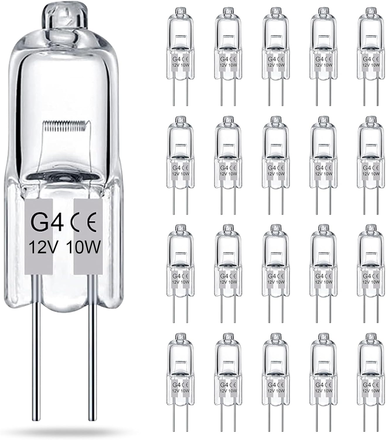 Żarówki G4, opakowanie 20 sztuk, przezroczyste żarówki halogenowe, 2 bolce, 12 V 10 W, trzonek G4, 140 lm, ściemnialne.