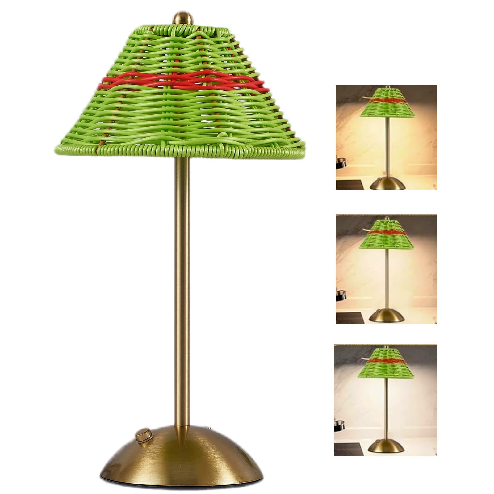 Zielona lampa stołowa z rattanu, ładowalna, ze zmienną intensywnością światła, 3 kolory, sterowanie dotykowe, idealna do sypialni lub salonu