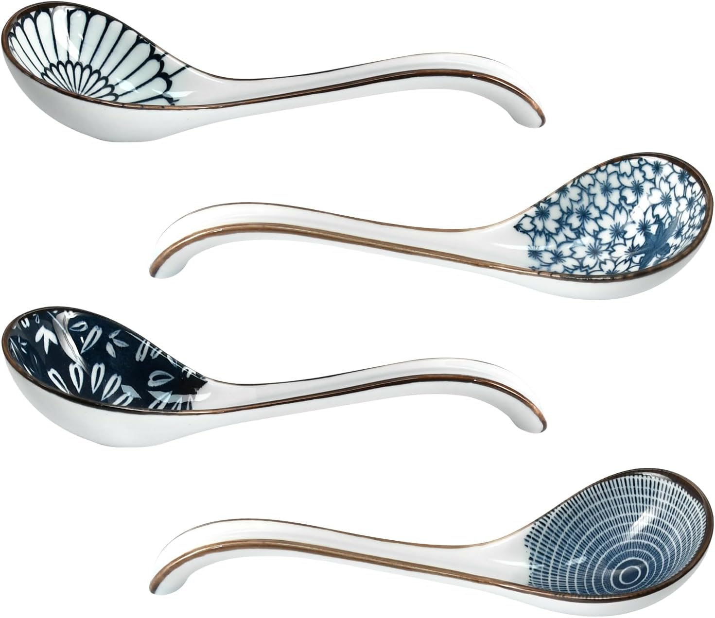 Zestaw 4 chińskich ceramicznych łyżek do zupy, łyżki do zupy z długimi uchwytami, zastawa stołowa do ramenu, pierogów, ryżu, deseru