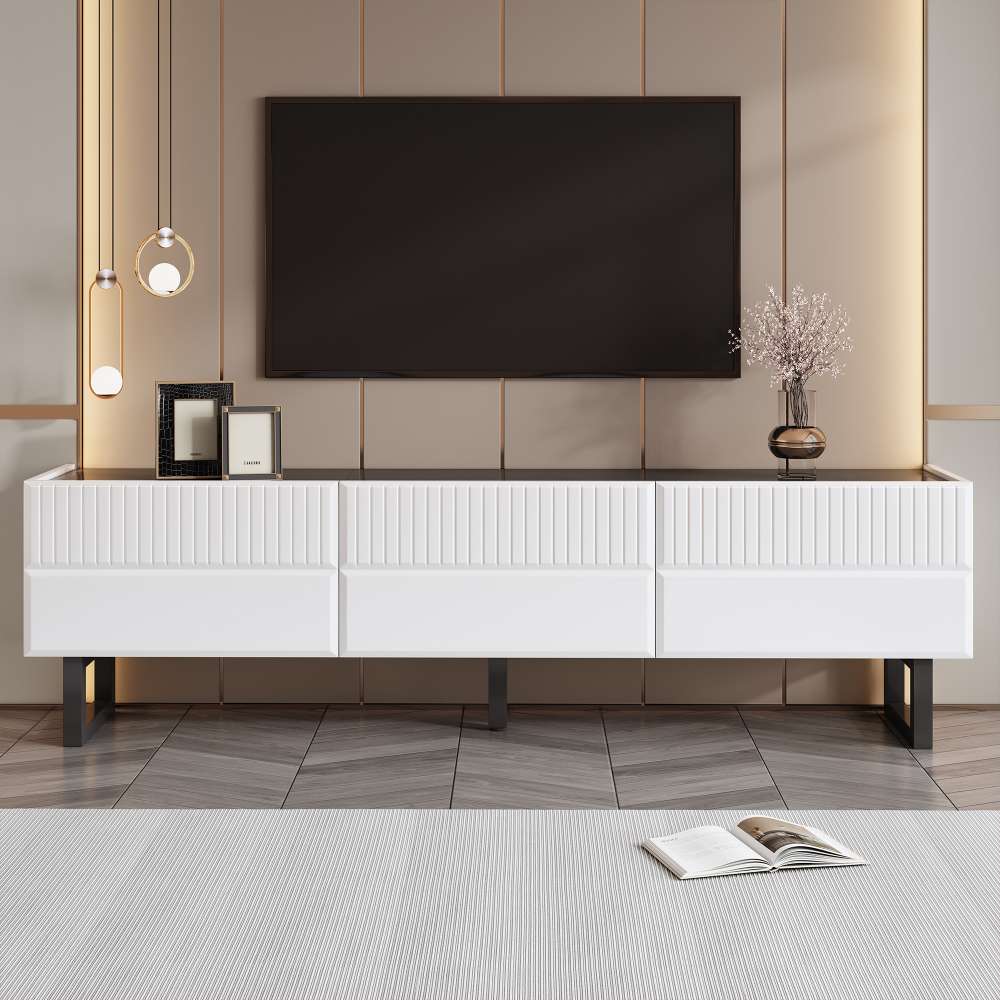 Szafka RTV 3 szuflady niska czarno-biała 170x35x47 cm nowoczesny minimalistyczny stolik TV skandynawski z metalowymi nogami