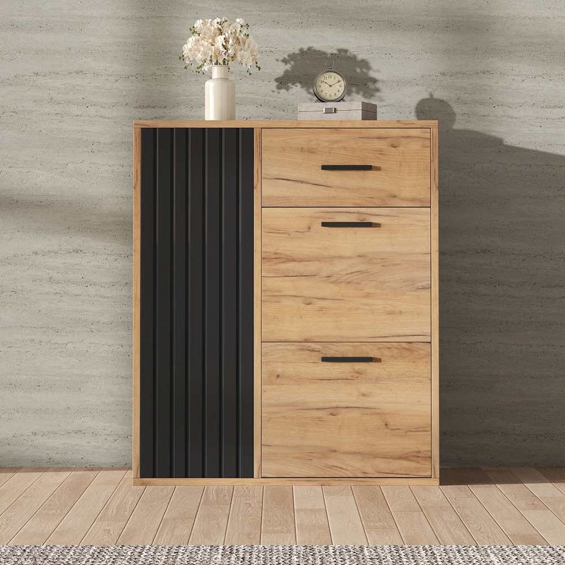 Nowoczesna szafka na buty, 80x24x95,5 cm, 1 szuflada, 2 drzwi otwierane, regulowana, kolor czarny i naturalne drewno