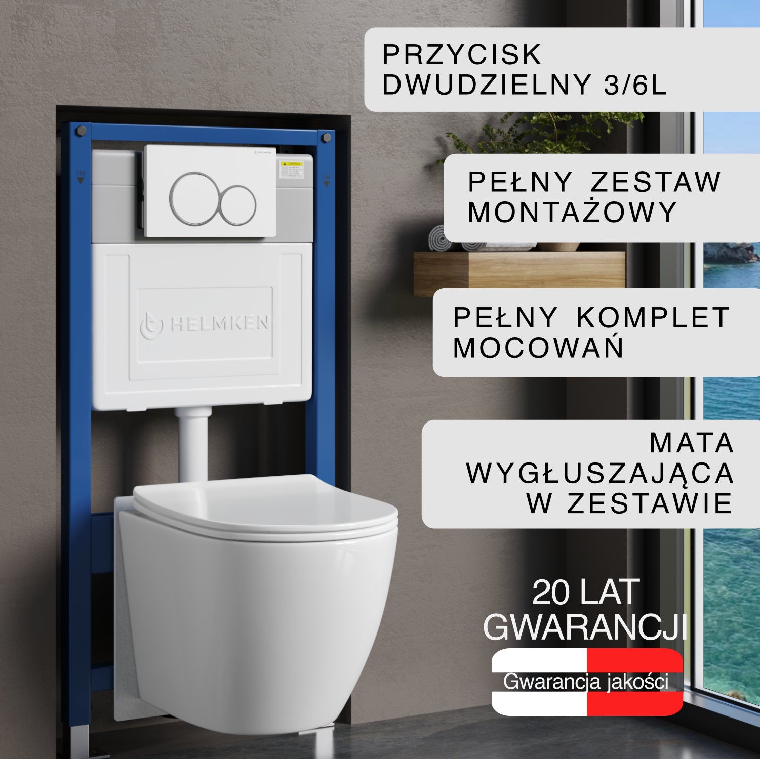 Stelaż podtynkowy WC Helmken 35490101 Zestaw 5w1: Przycisk Biały (E), Miska bezkołnierzowa Rimless, Deska wolnoopadająca, Mata