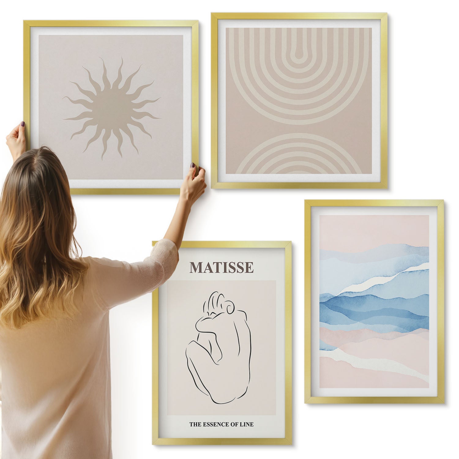 Galeria ścienna 4-częściowy komplet obrazów w złotych ramach - Linie i fale w pastelowych odcieniach z minimalistycznym akcentem - ArtPrintCave