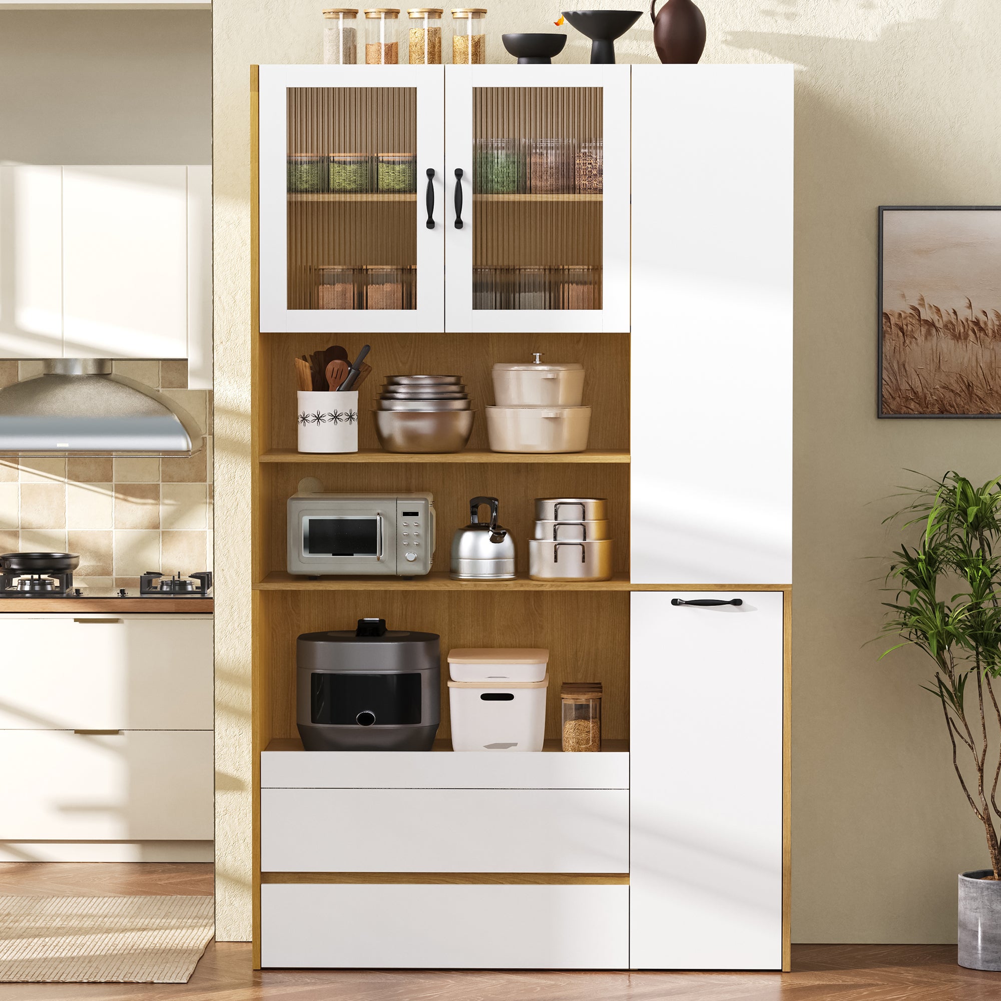Wysoka komoda kuchenna z 3 szufladami, 2 drzwiami - Przesuwne i regulowane półki - Płyta MDF i szkło - 100 x 40 x 200 cm - Kolor biały i naturalny